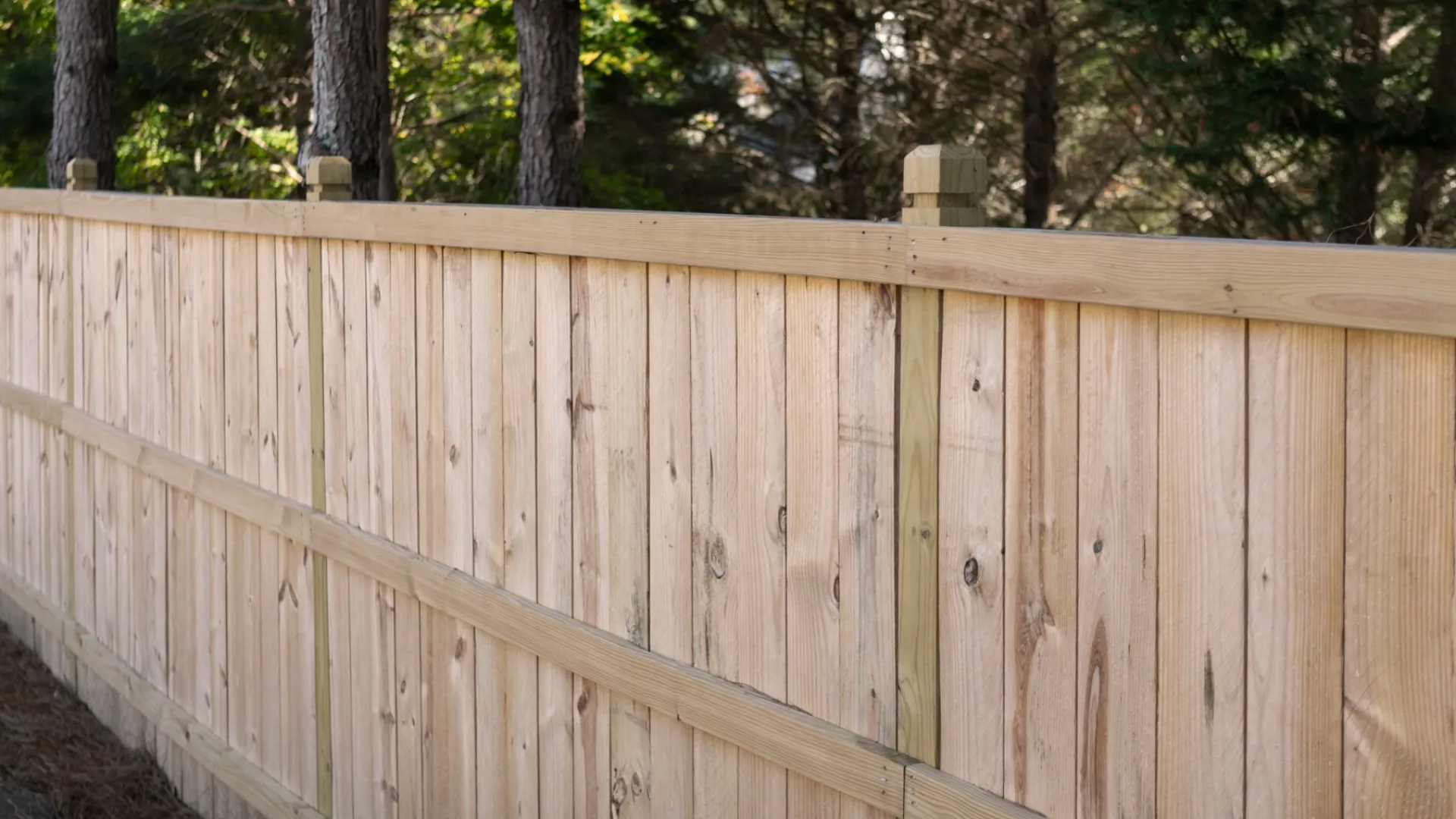 Wooden fence panels surrounded by trees in a residential area, showcasing natural materials and privacy.