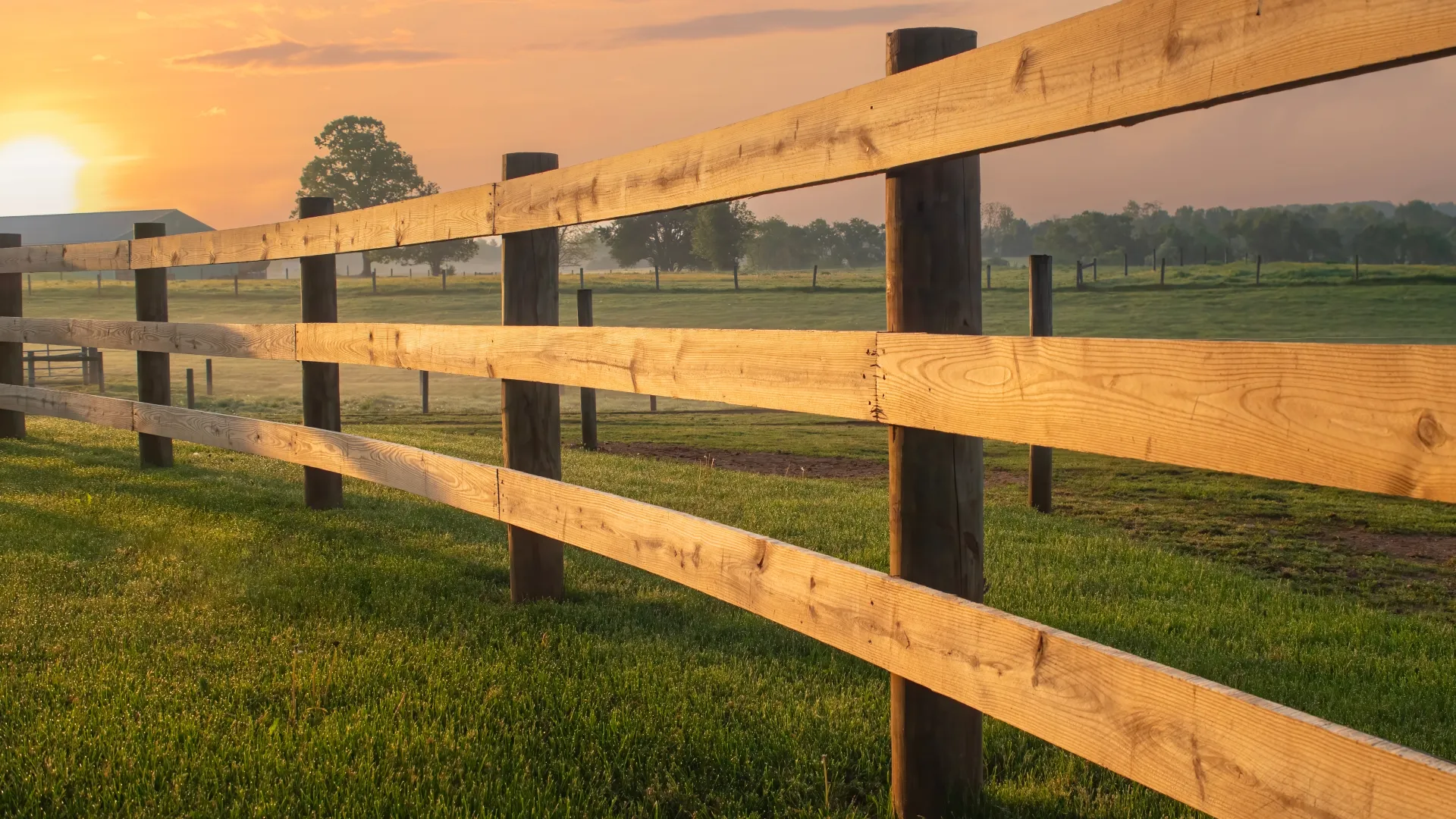 Golden sunset casting warm light over a rustic wooden fence on a peaceful grassy field.