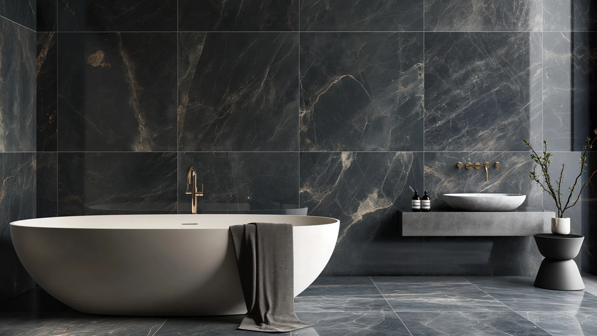 Modern bathroom with a freestanding white bathtub, dark marble walls, and a floating sink with gold fixtures.