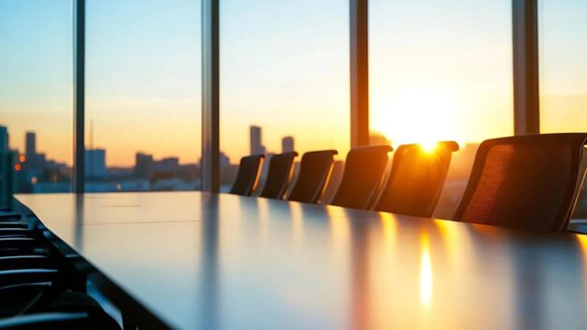 Sunset lighting a modern empty conference room with black chairs and a city skyline through large windows.