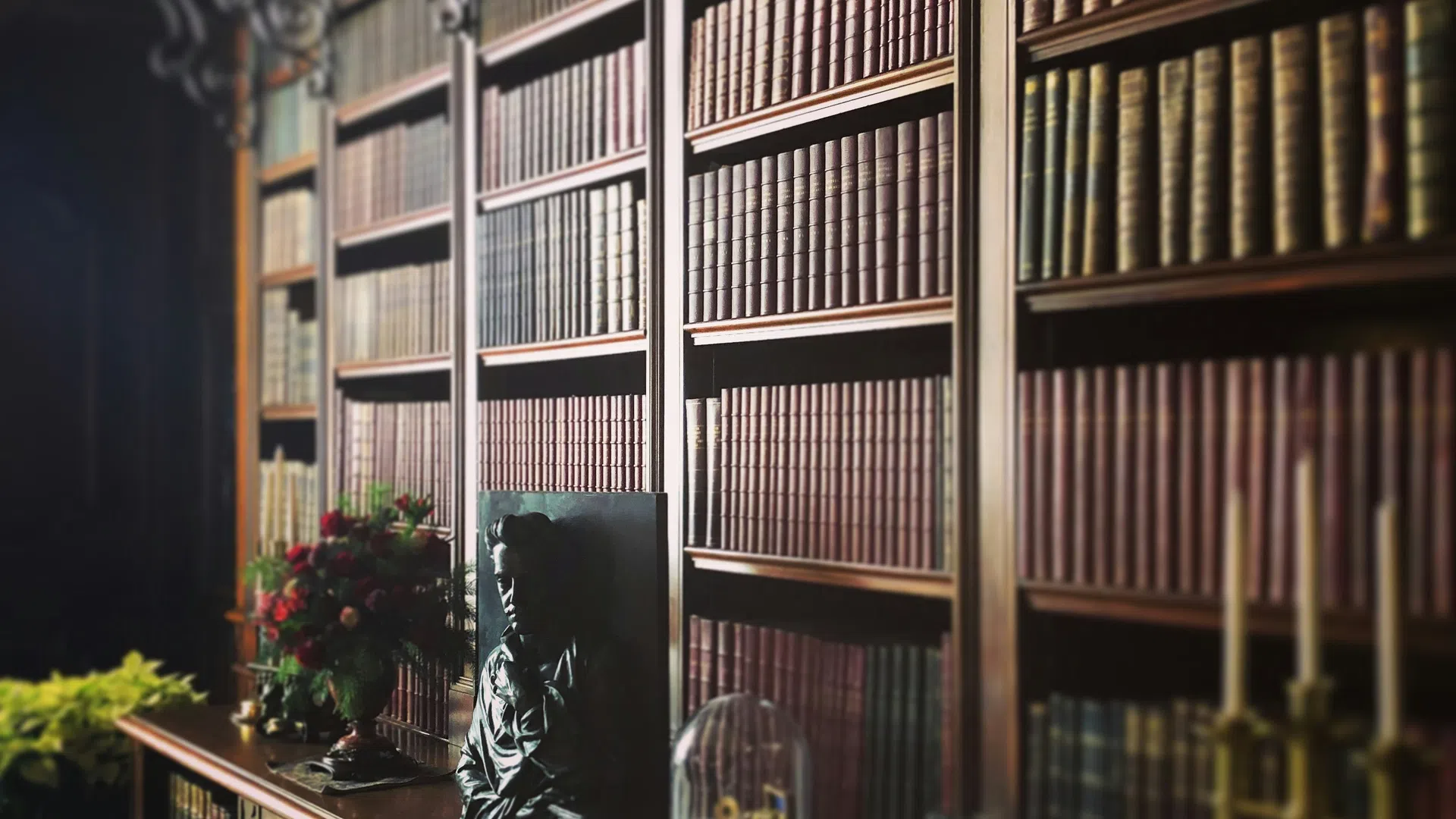 Classic library shelves filled with leather-bound books, decorated with a bust, flowers, candles, and framed photo.