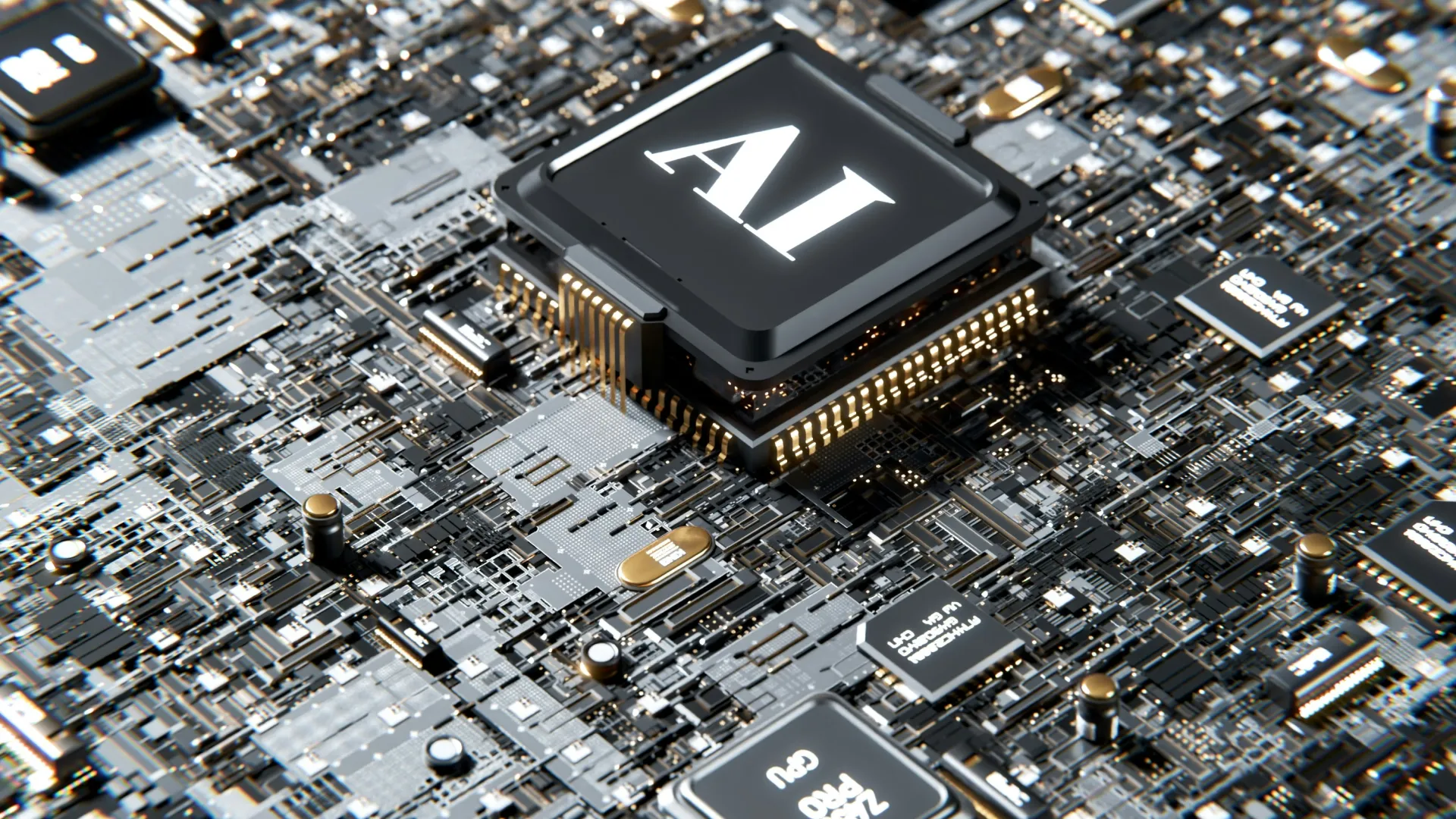 Close-up of a computer circuit board featuring a central AI chip with various microchips and electronic components.