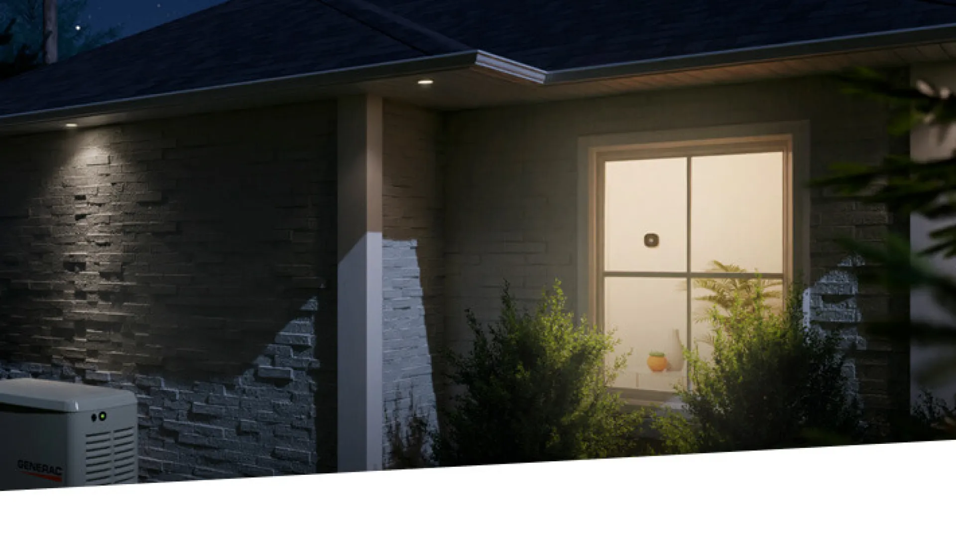 A Generac home generator illuminated at night beside a cozy house.