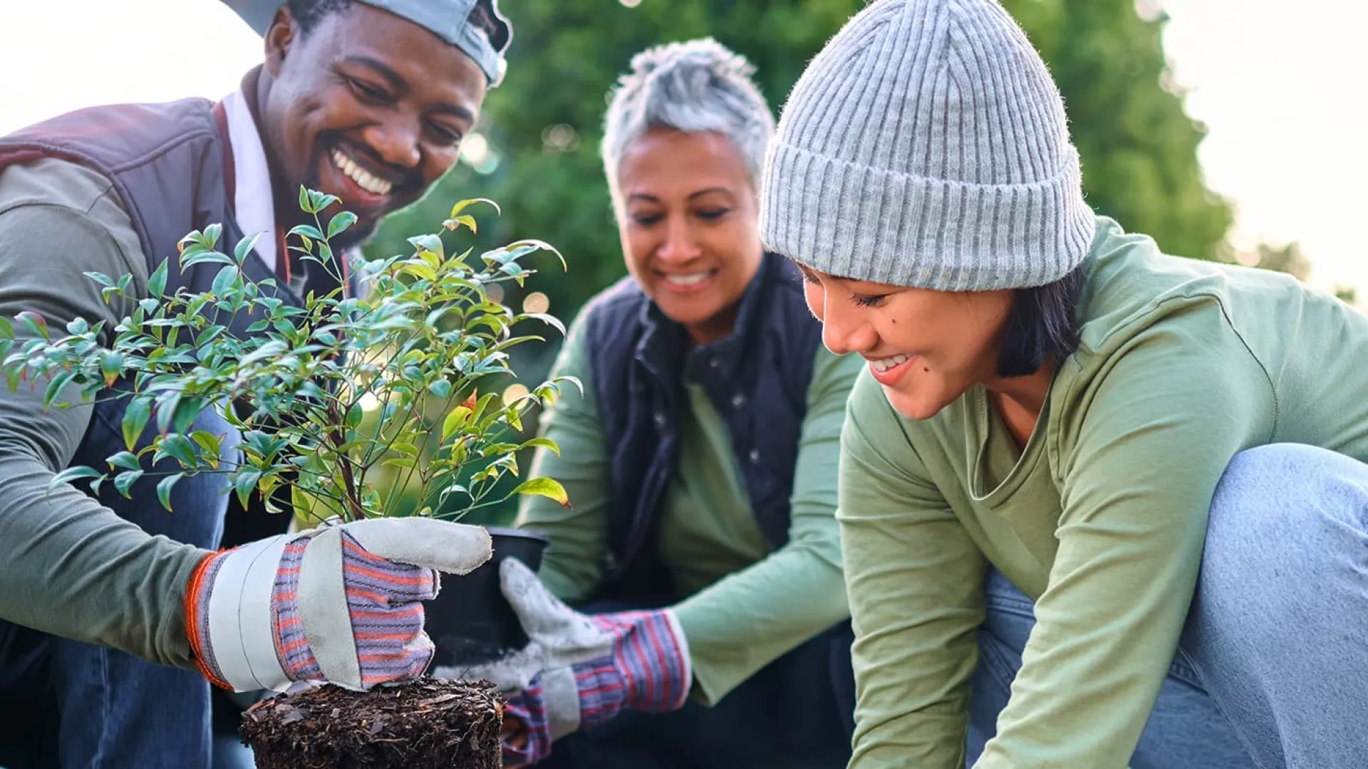 a group of people holding plants