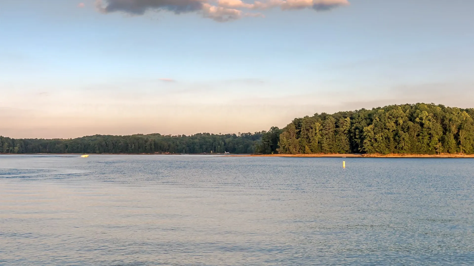 a body of water with trees and a cloudy sky