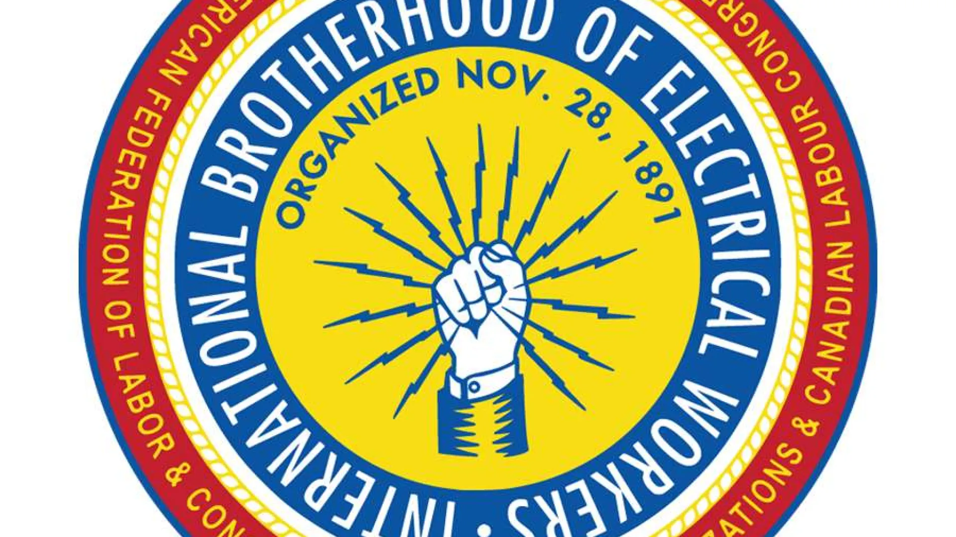 International Brotherhood of Electrical Workers logo with blue fist and lightning bolts on yellow background, red outer ring.
