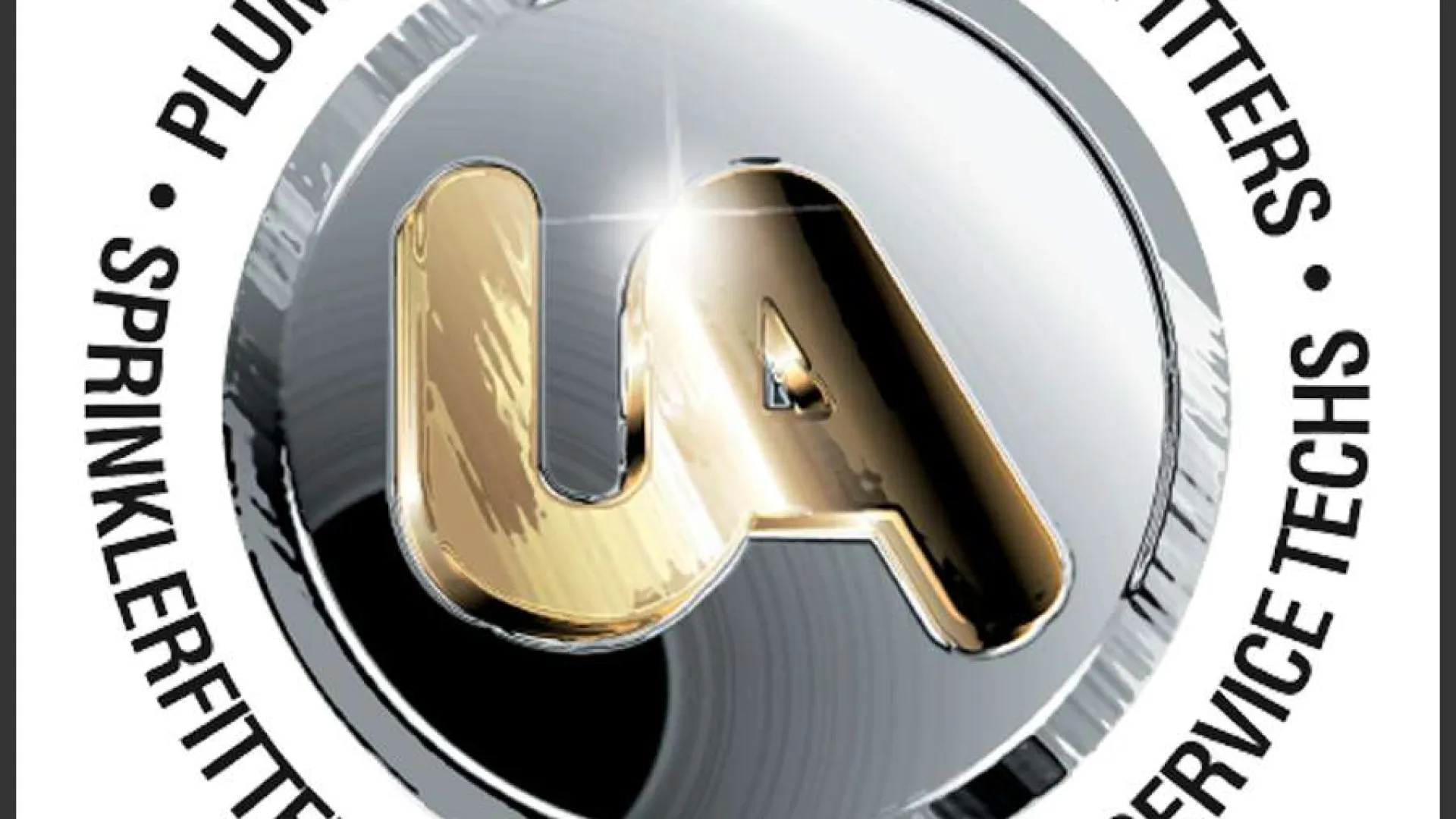 Shiny silver and gold circular logo with 'UA' and text surrounding it naming various trade professions.