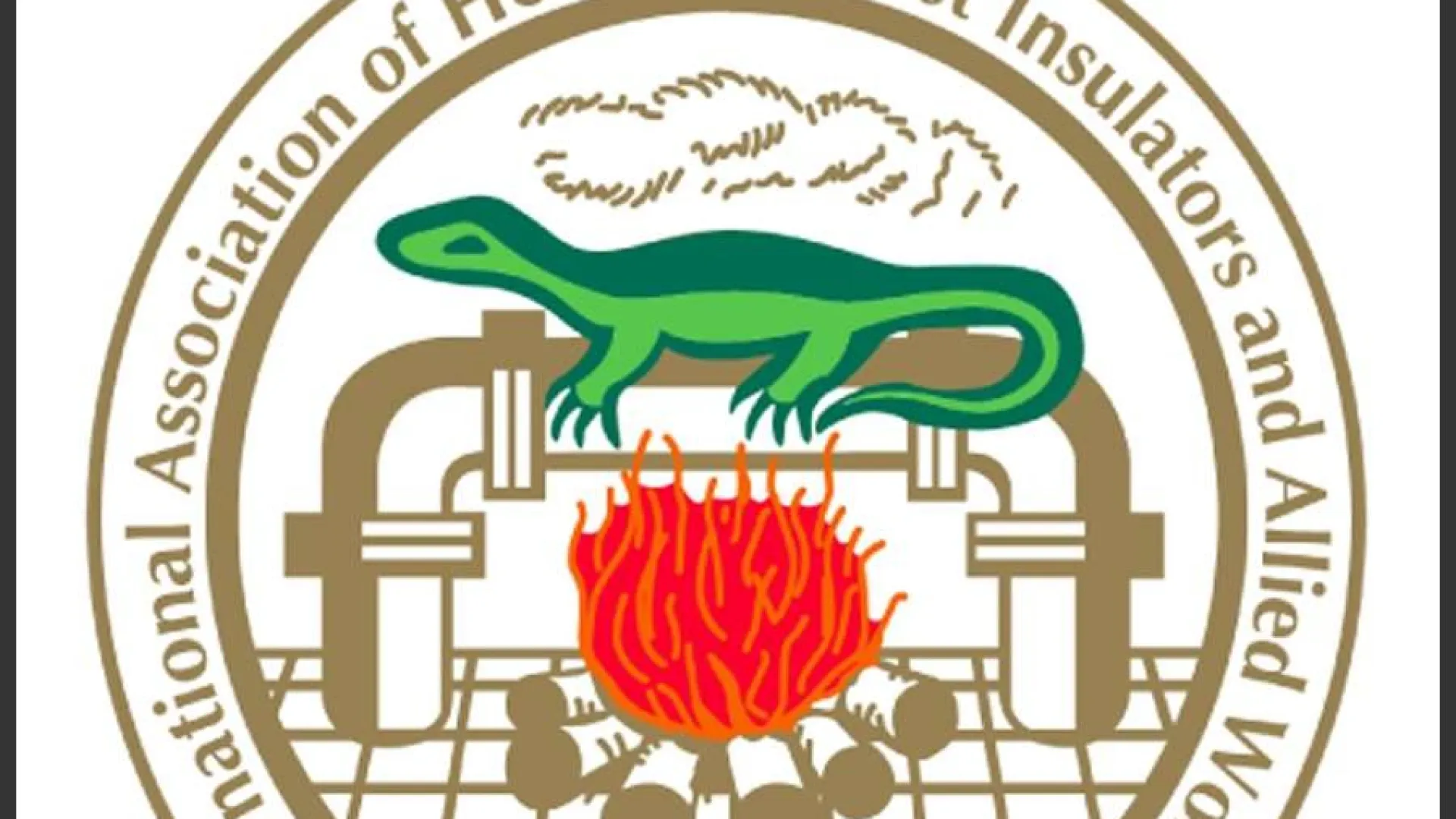 Seal of the International Association of Heat and Frost Insulators with lizard, pipes, fire, and text Est. 1903.