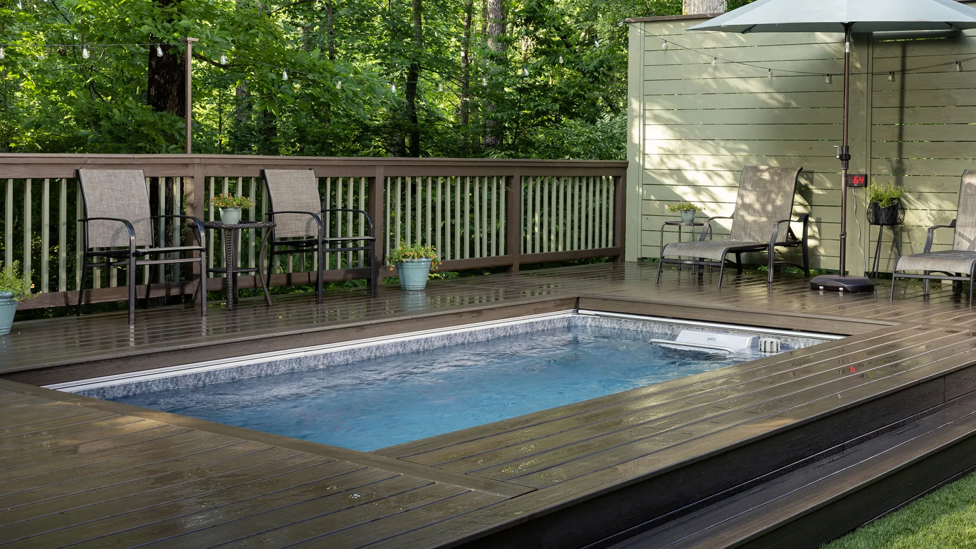 Sunlit wooden deck surrounding a small pool with chairs, umbrella, and green forest background.