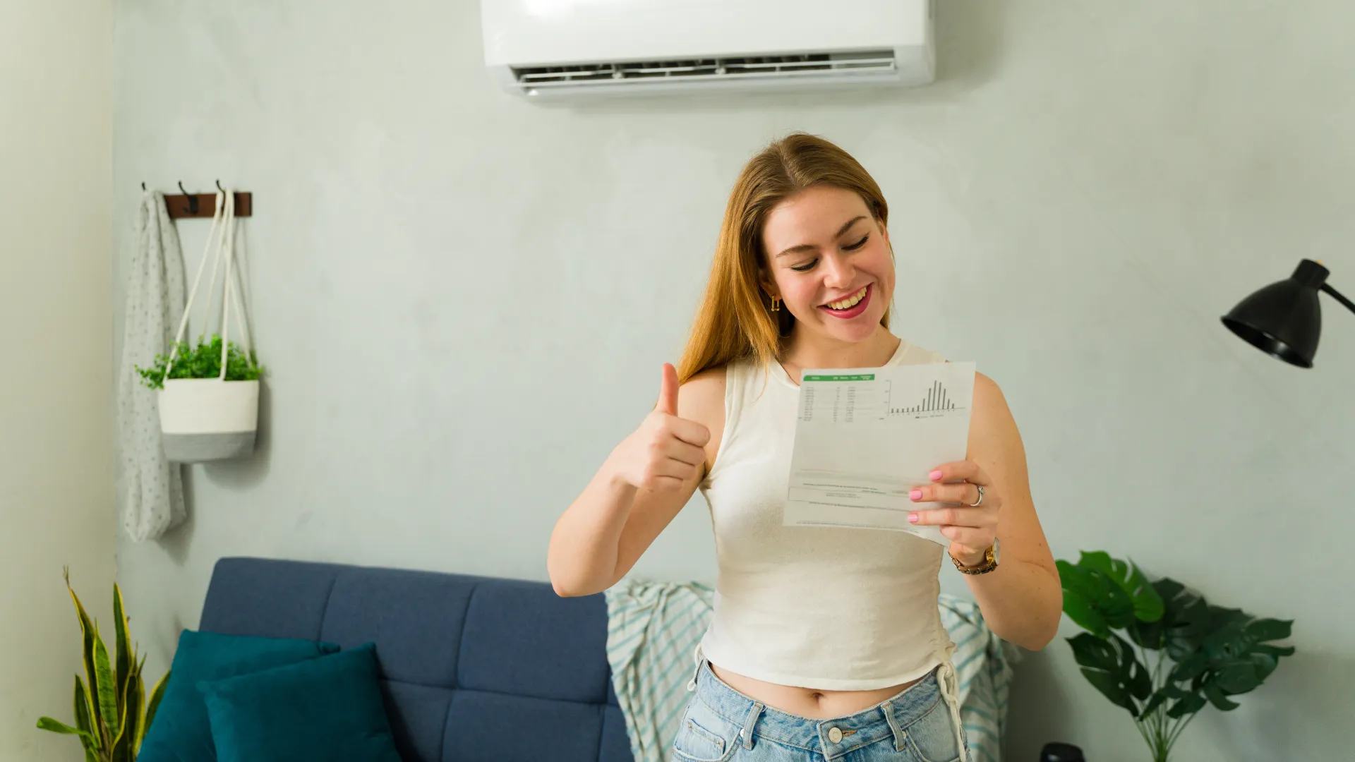 Young woman shows thumbs up holding utility bill with air conditioner in background in bright living room.