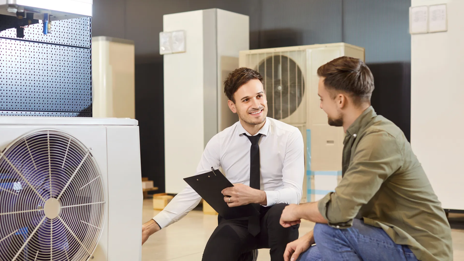 Salesperson explains features of HVAC unit to client in a showroom setting with multiple air conditioning units.