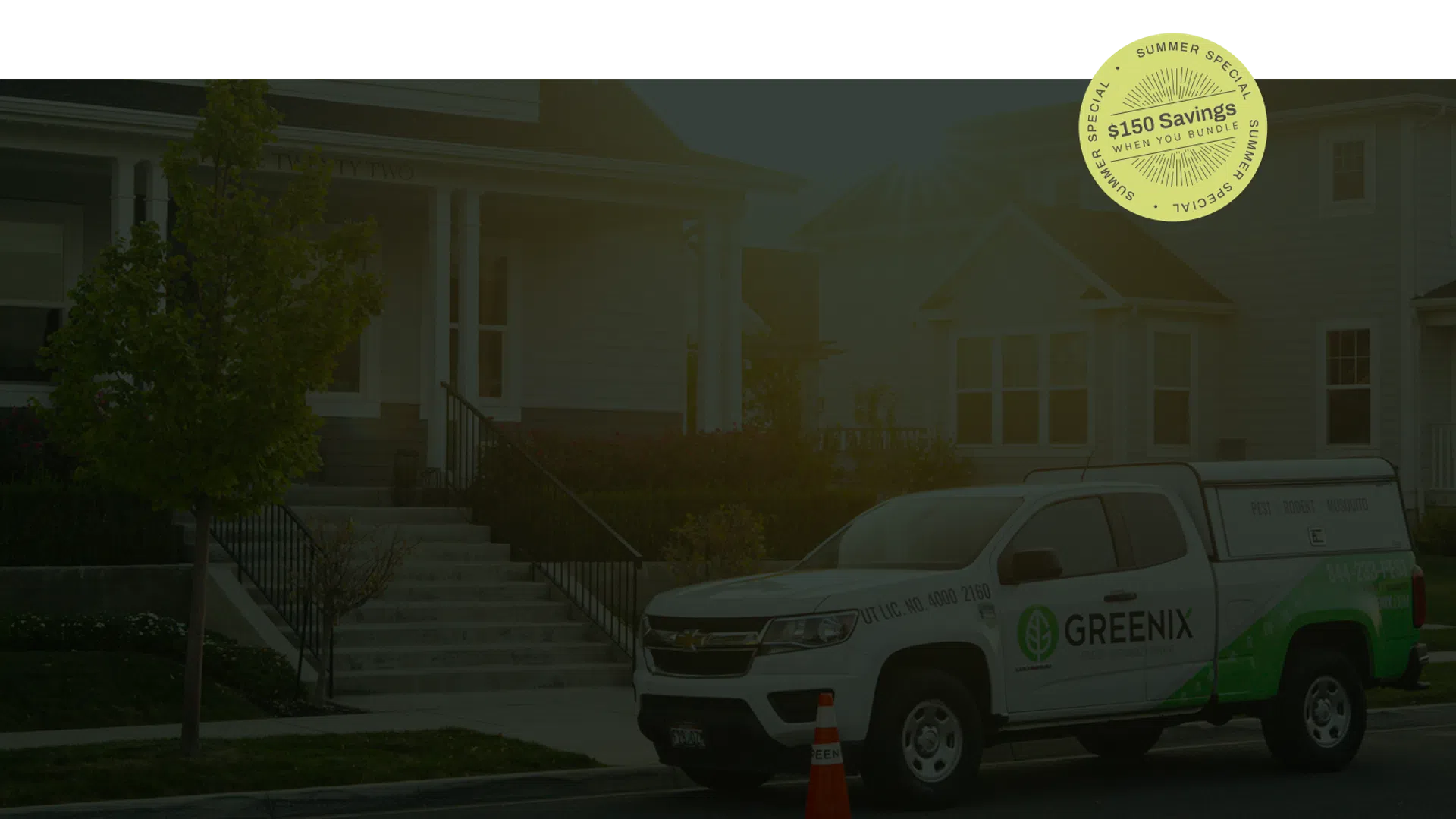 Greenix pest control truck parked outside a suburban home during daytime with a special discount badge visible.