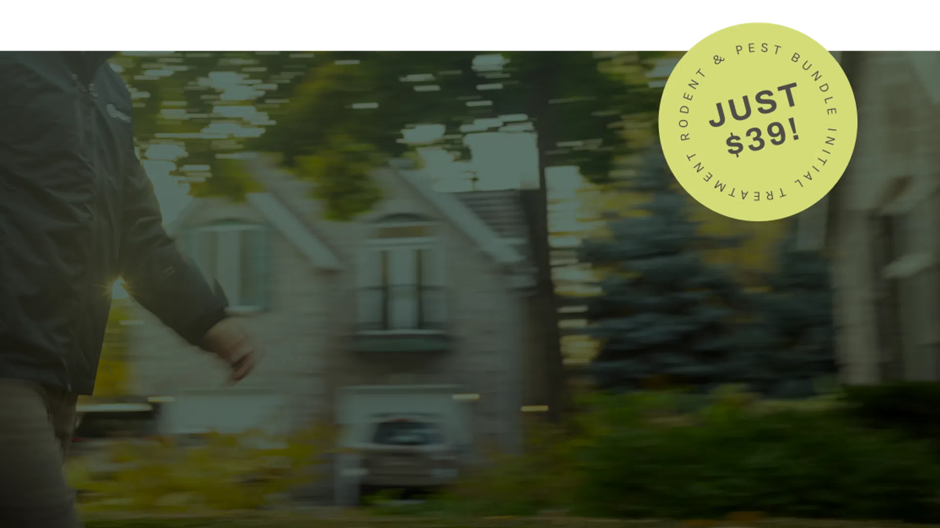 A person walking outside with a pest control kit, surrounded by fall foliage, promoting a special offer.