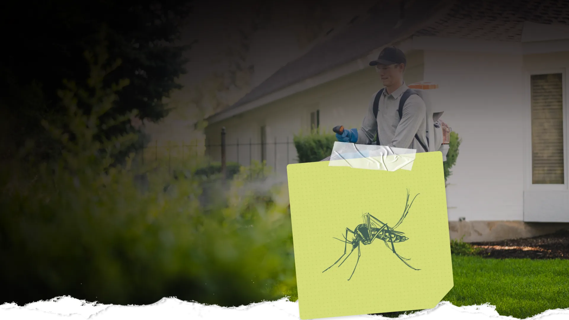 Man wearing backpack sprayer applying mosquito control treatment near house and bushes on sunny day
