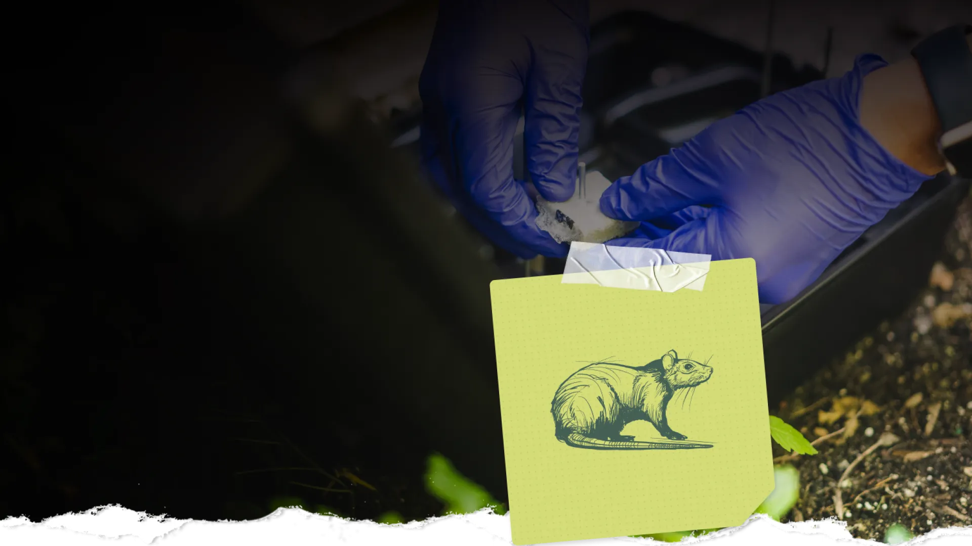 Hands wearing blue gloves handling a cotton swab over soil with a taped illustration of a rat on a yellow sticky note.