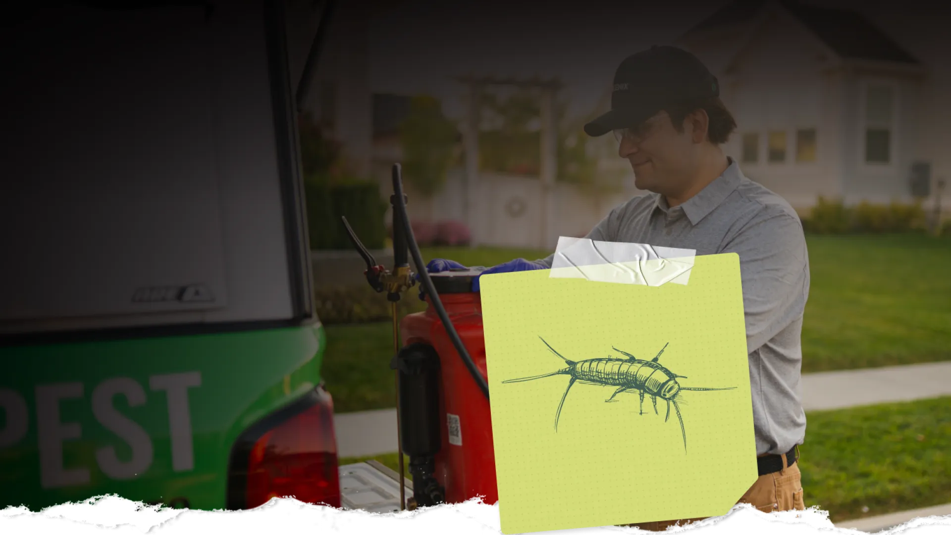 Pest control technician preparing equipment next to a truck with a note showing an insect illustration.