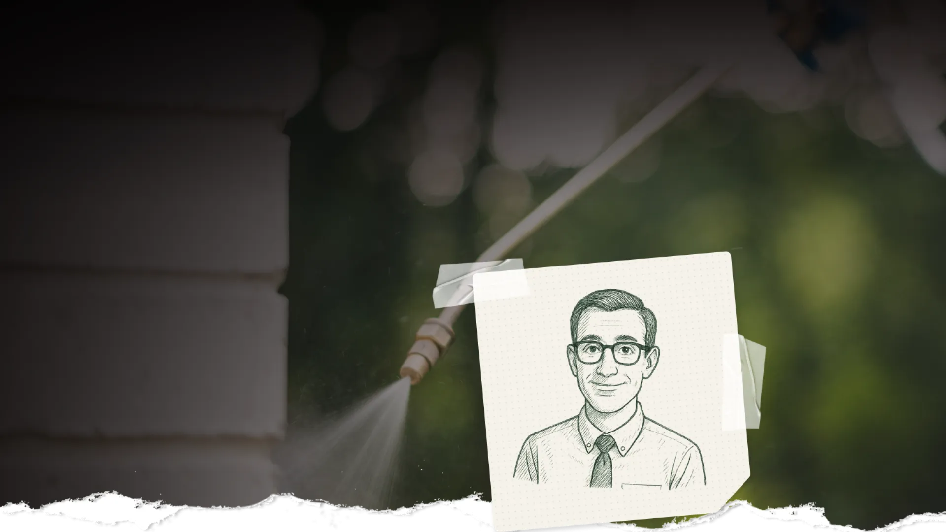 Power washer spraying water on surface near a taped sketch of a man in glasses and tie.
