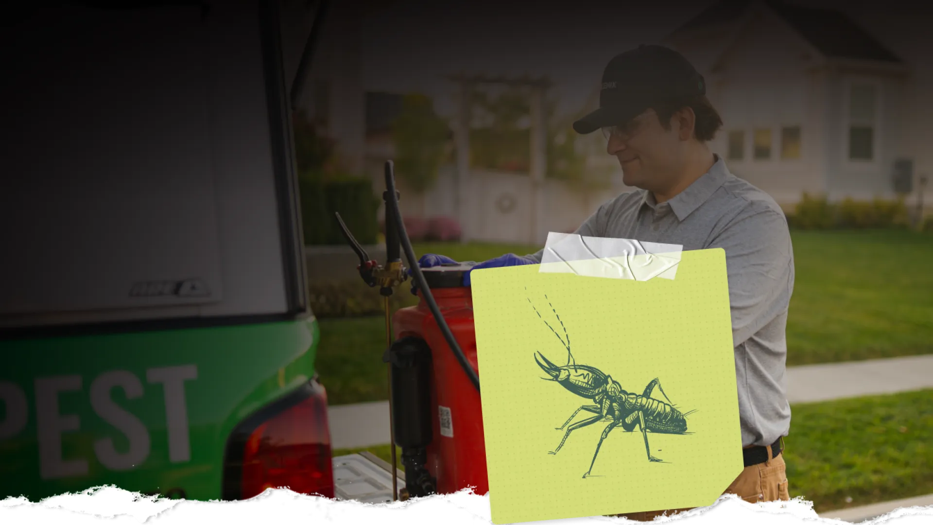 Pest control technician preparing equipment with a graphic of an insect on a sticky note in a residential yard.