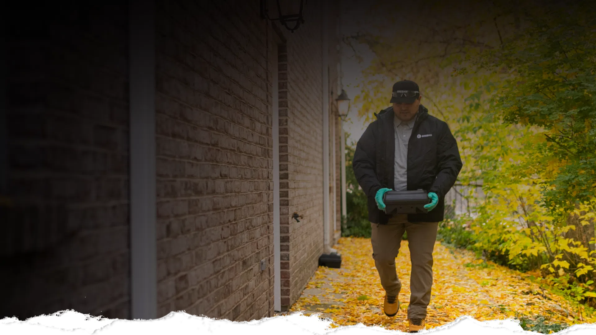 Delivery person walking on a leaf-covered path beside a brick building carrying a package wearing gloves and a jacket