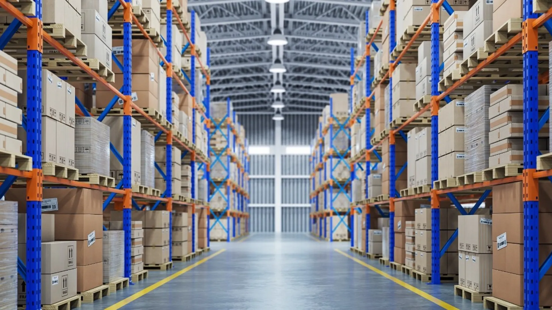 a warehouse with shelves of boxes