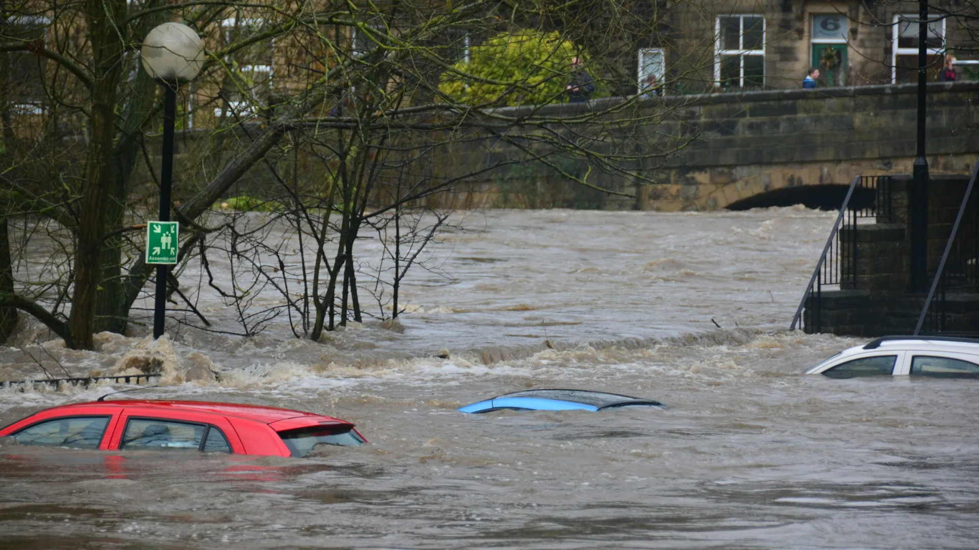 Flooded street with almost submerged red, blue, and white cars under turbulent water near a stone bridge and trees.