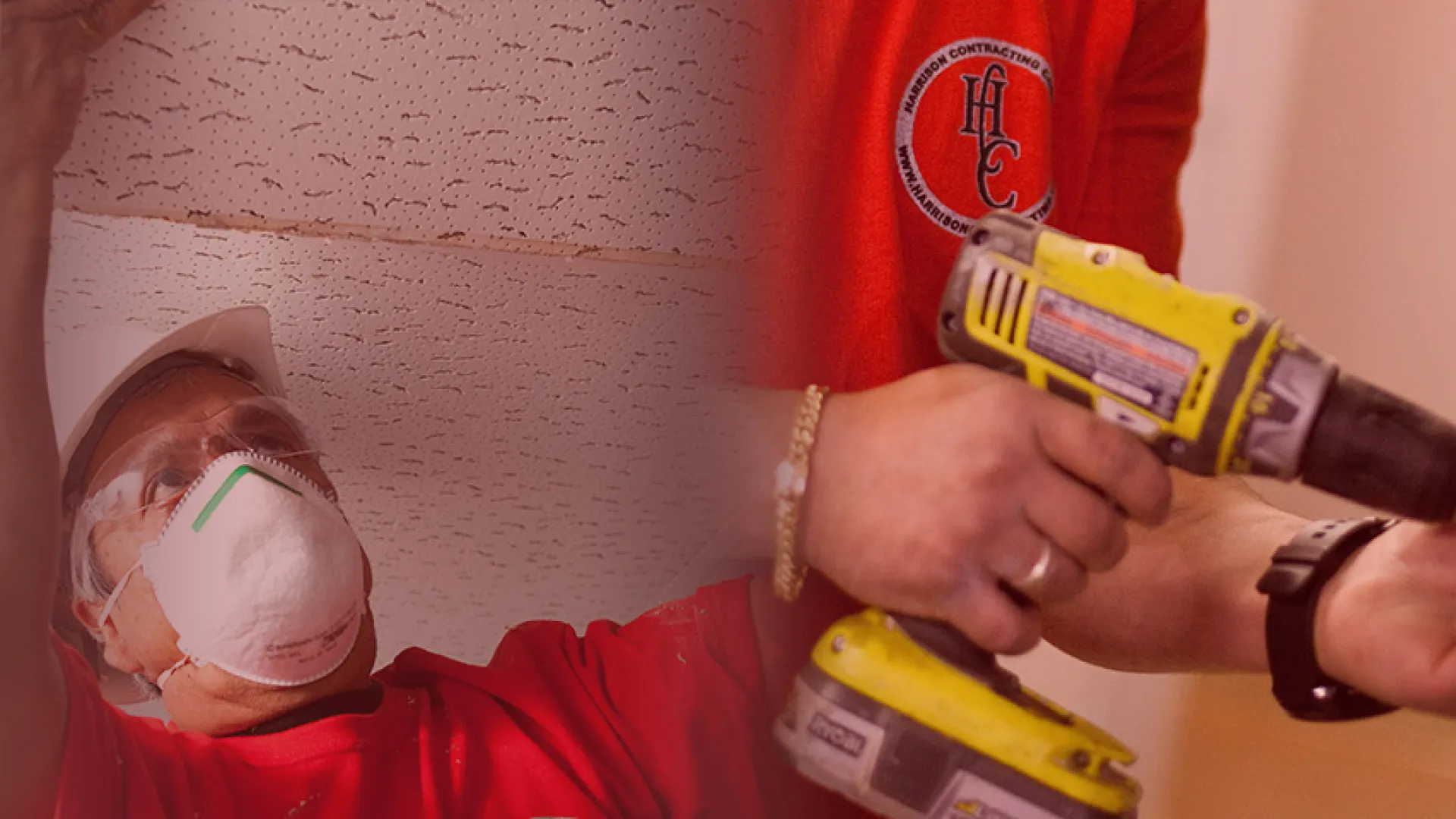 Two construction workers in red shirts using power tools to install drywall indoors wearing safety gear.