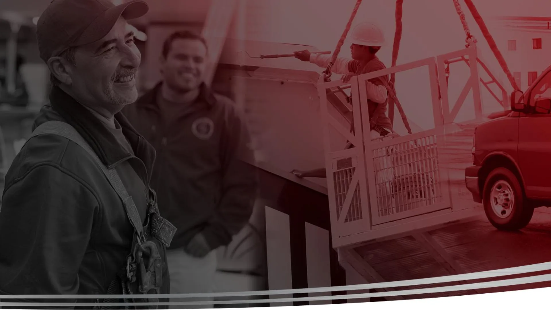Smiling workers in uniforms and a red service van during equipment loading at a worksite with red overlay