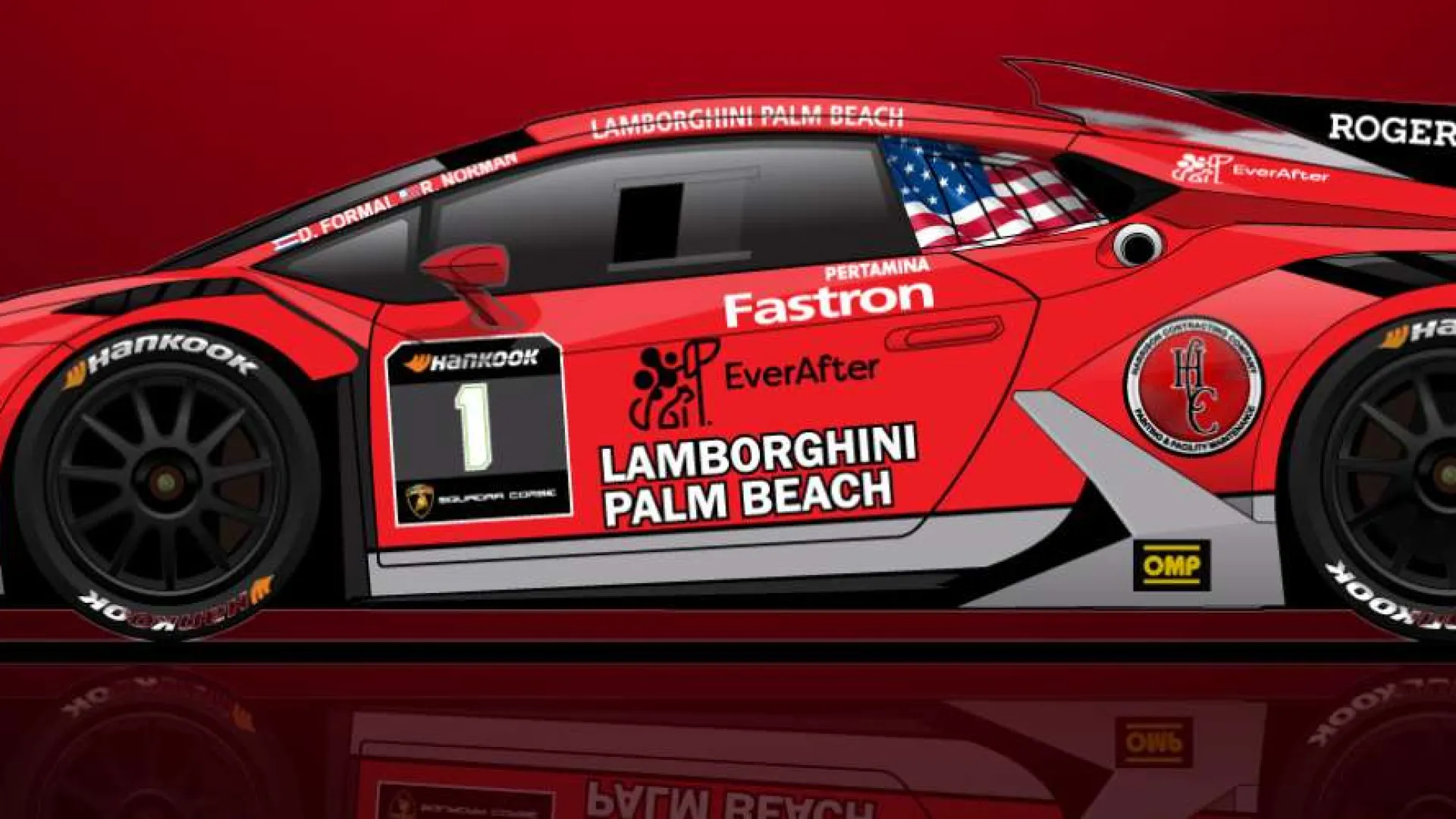 Red Lamborghini racing car with sponsor logos, number 1 decal, and black aerodynamic features on a dark red background