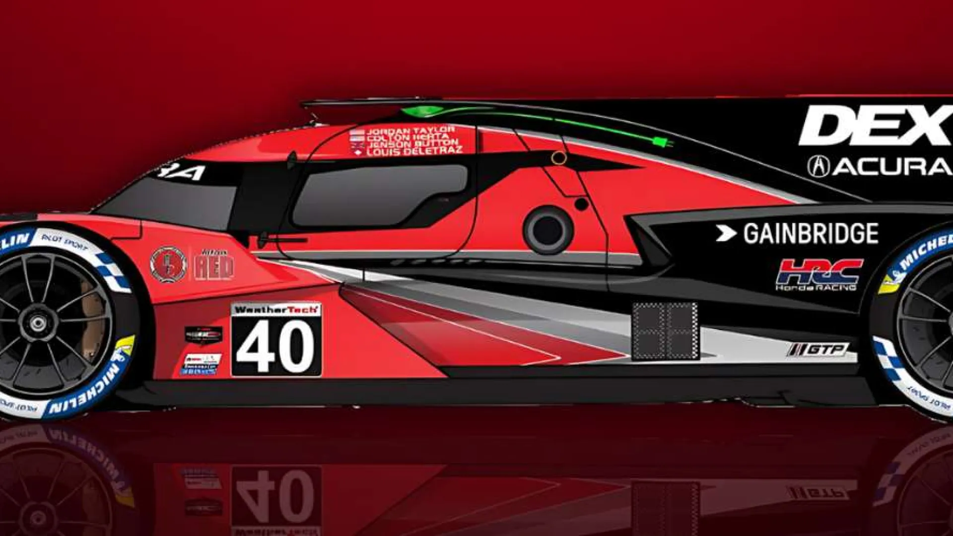 Side view of a black and red Acura DEX Imaging number 40 race car on dark red background.
