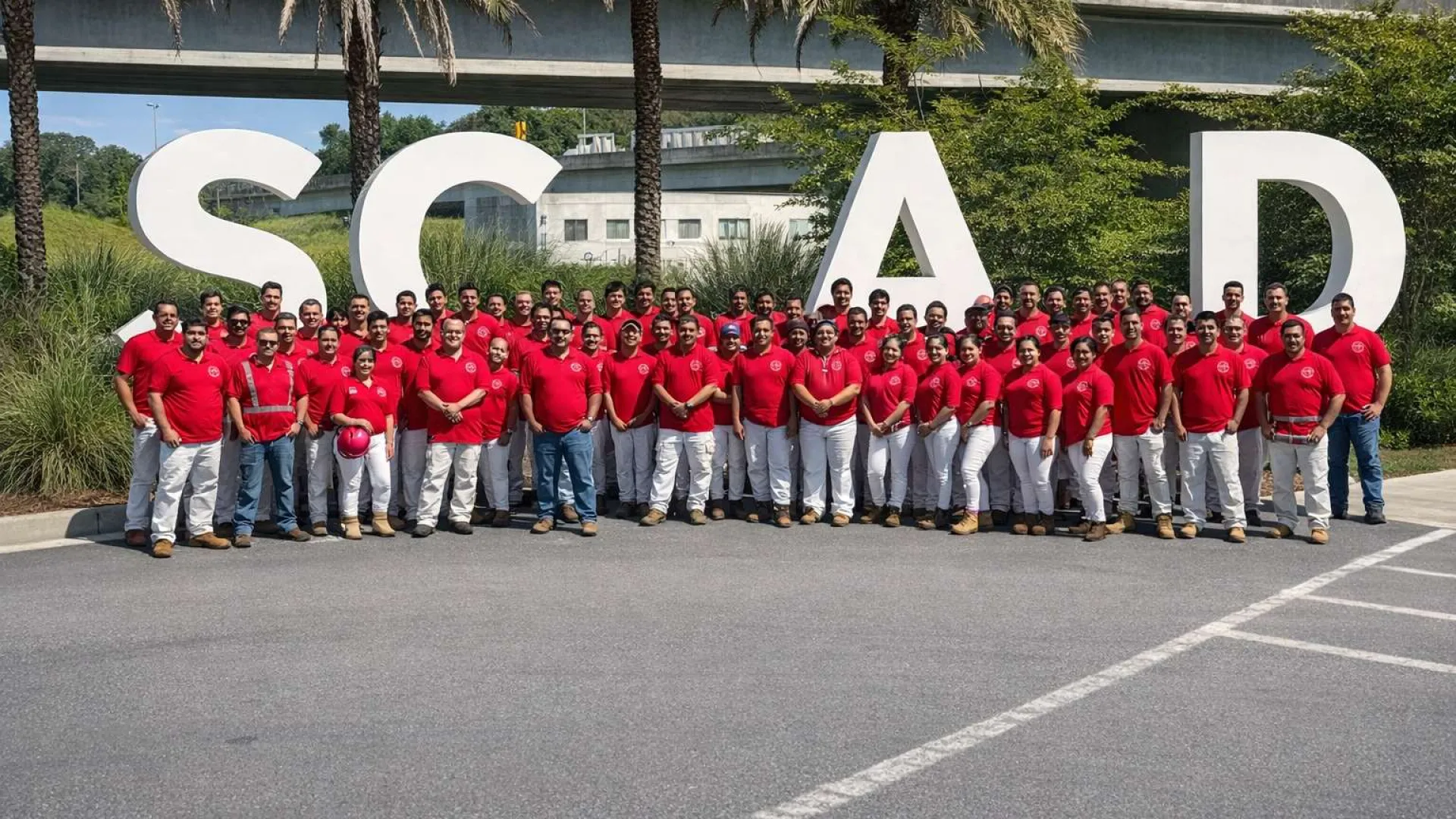 Large group of people in red shirts and white pants standing in front of large SCAD letters outdoors.
