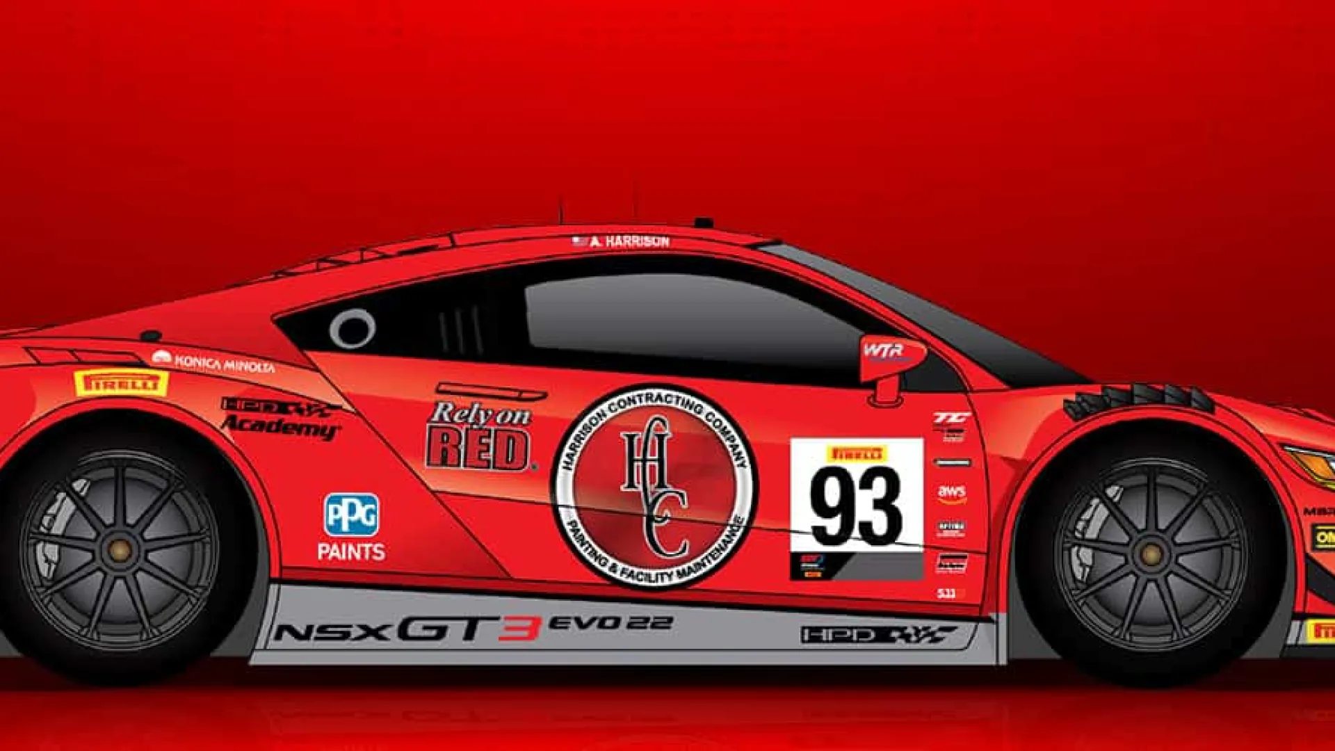 Red and black NSX GT3 race car with sponsor logos on vibrant red background, side view showing aerodynamic design.