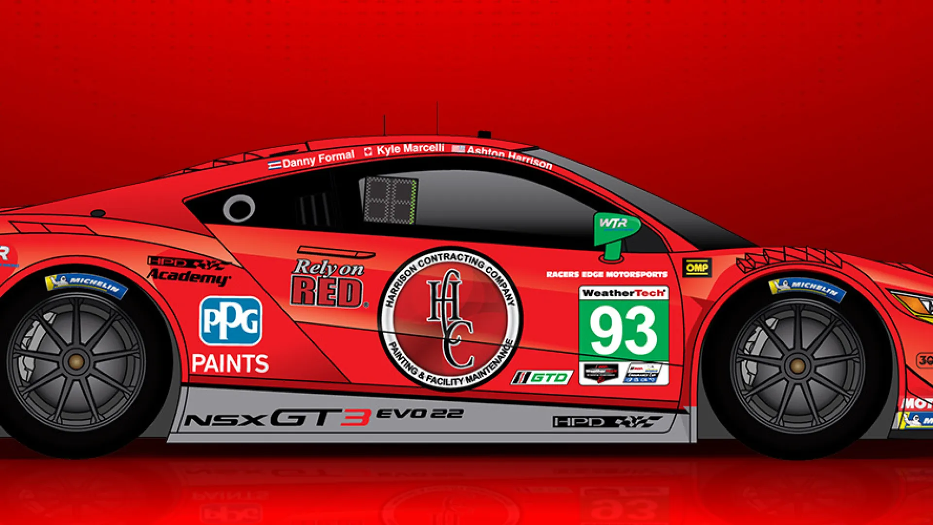 Red Acura NSX GT3 race car with black wheels, sponsor logos, and green racing number 93 on a red background.