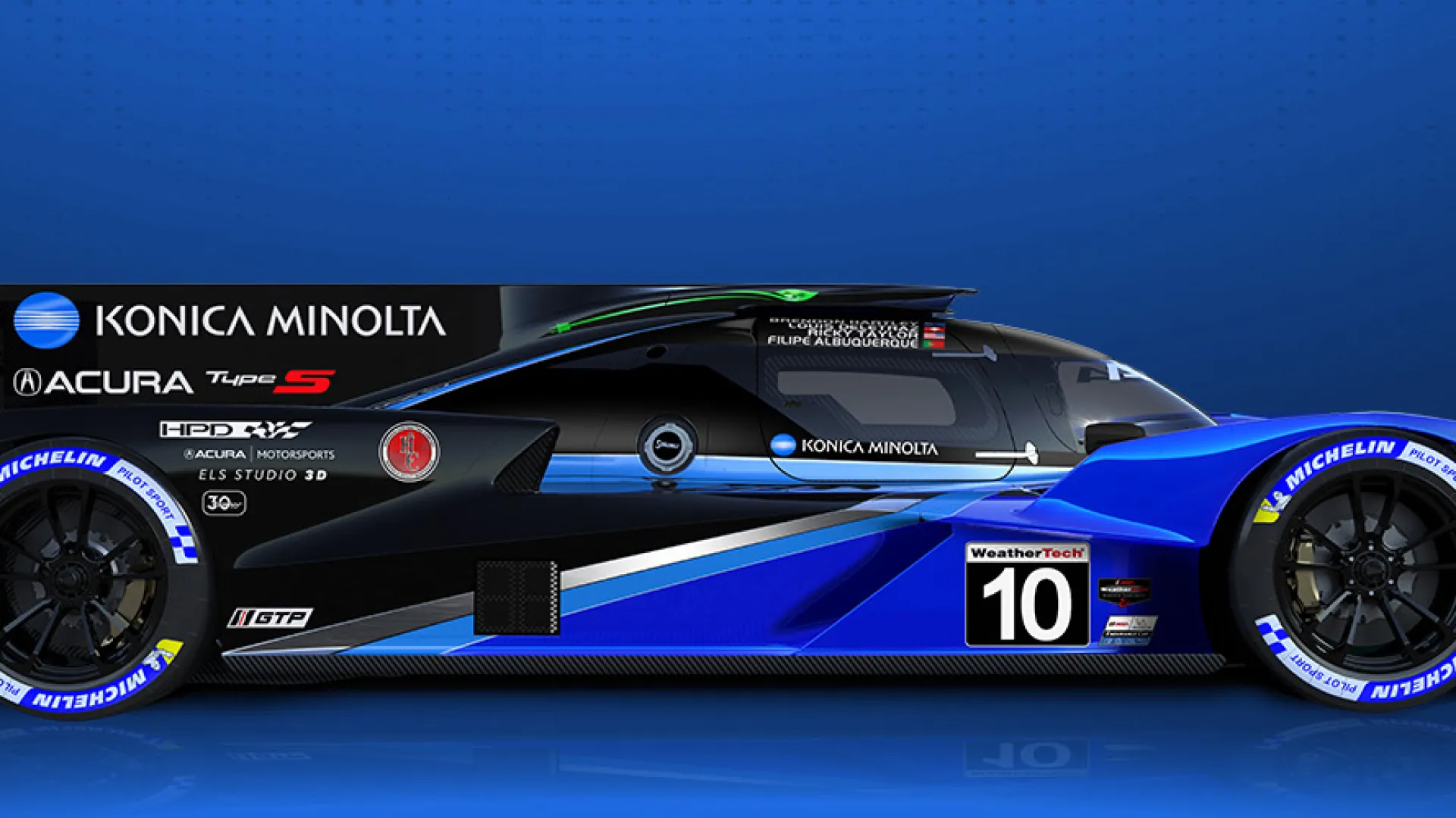 Side view of a blue and black Acura prototype race car with sponsor logos and Michelin tires on a blue background.