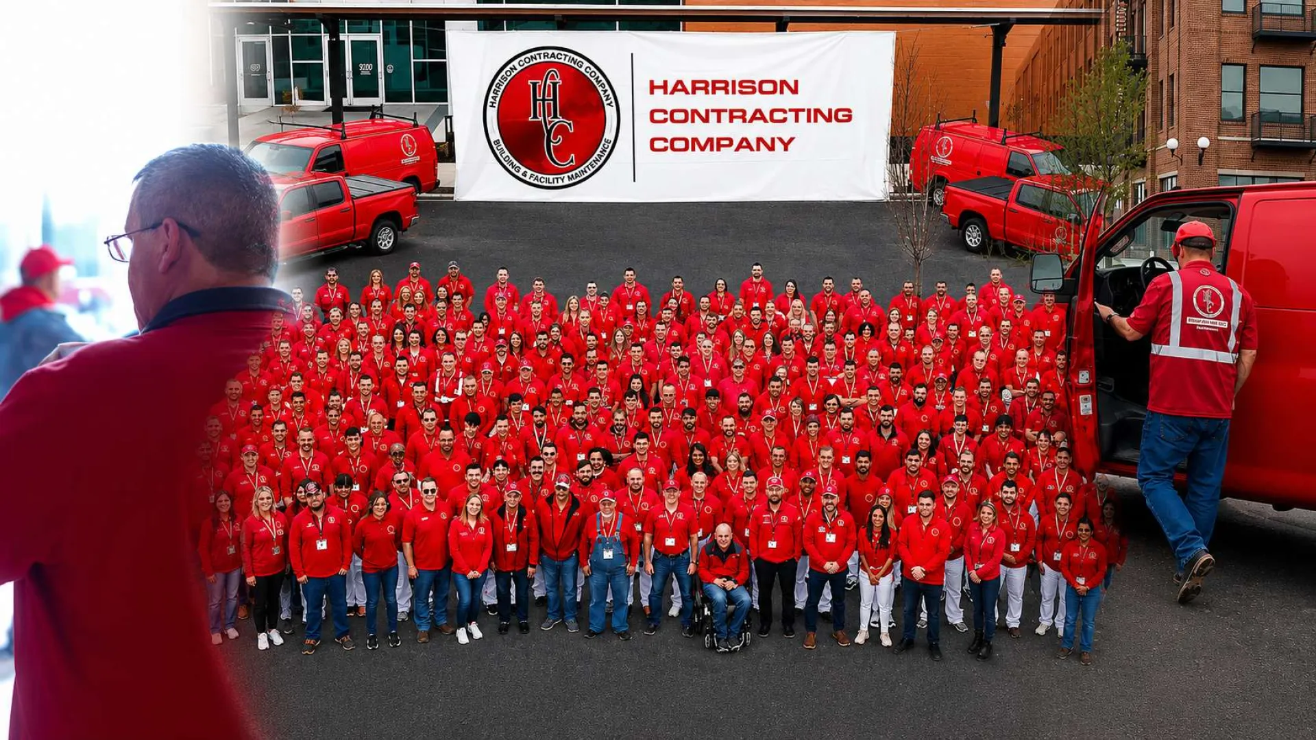 Large group of Harrison Contracting Company employees in red shirts standing outdoors with company vans and banner