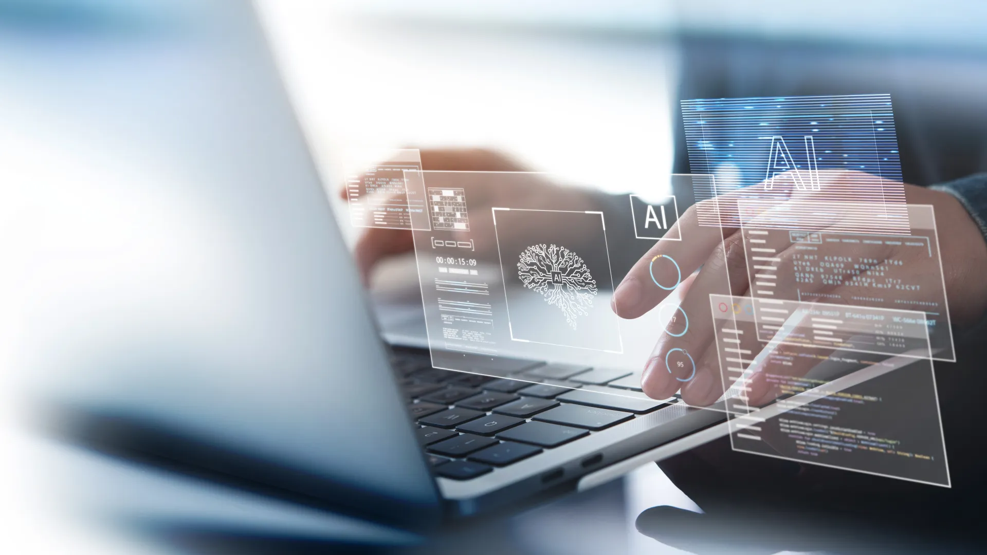Person interacting with laptop and AI brain holographic interface displaying digital data and code analysis.