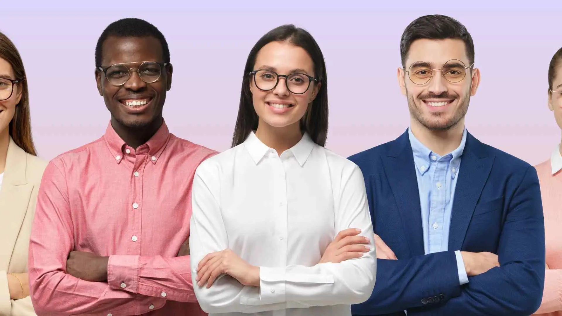 Diverse group of confident professionals smiling with arms crossed against a light purple background.