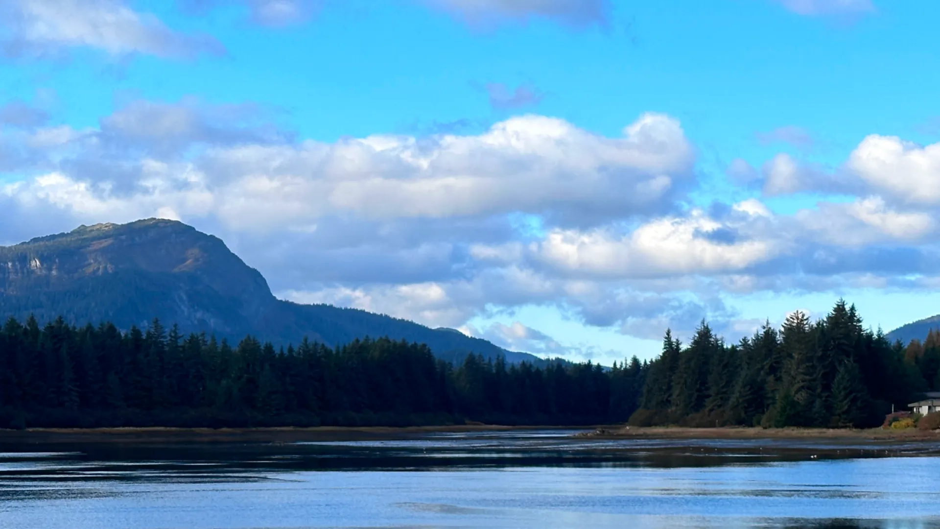 a lake with trees and mountains in the background