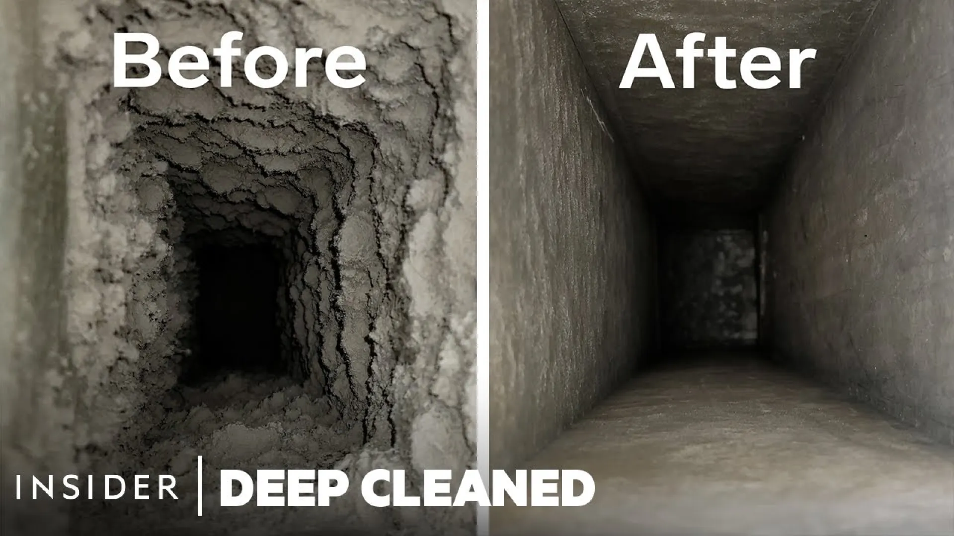 Side-by-side comparison of a duct before and after deep cleaning showing removal of dust and debris.