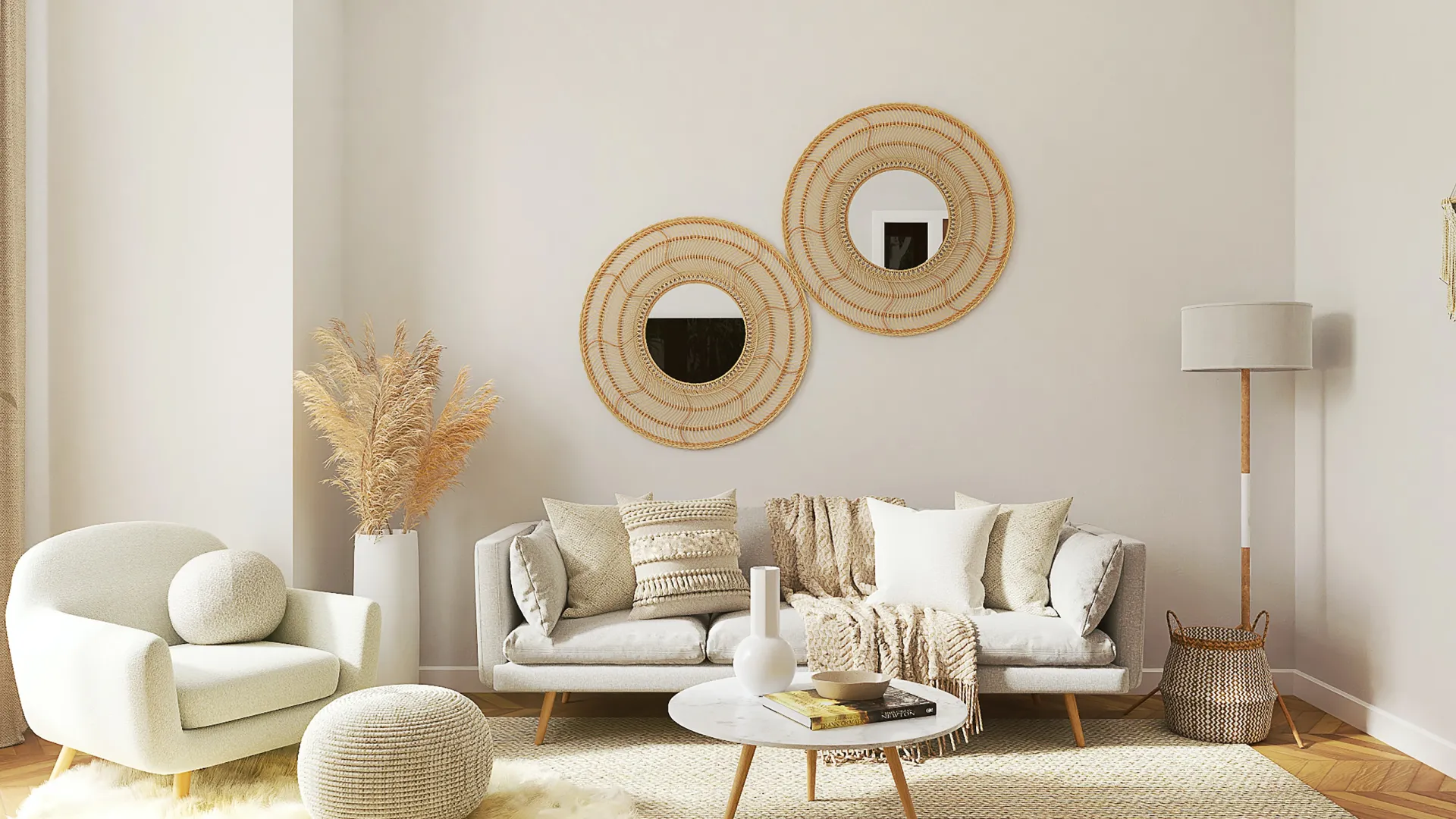 a living room with a white couch and a round table