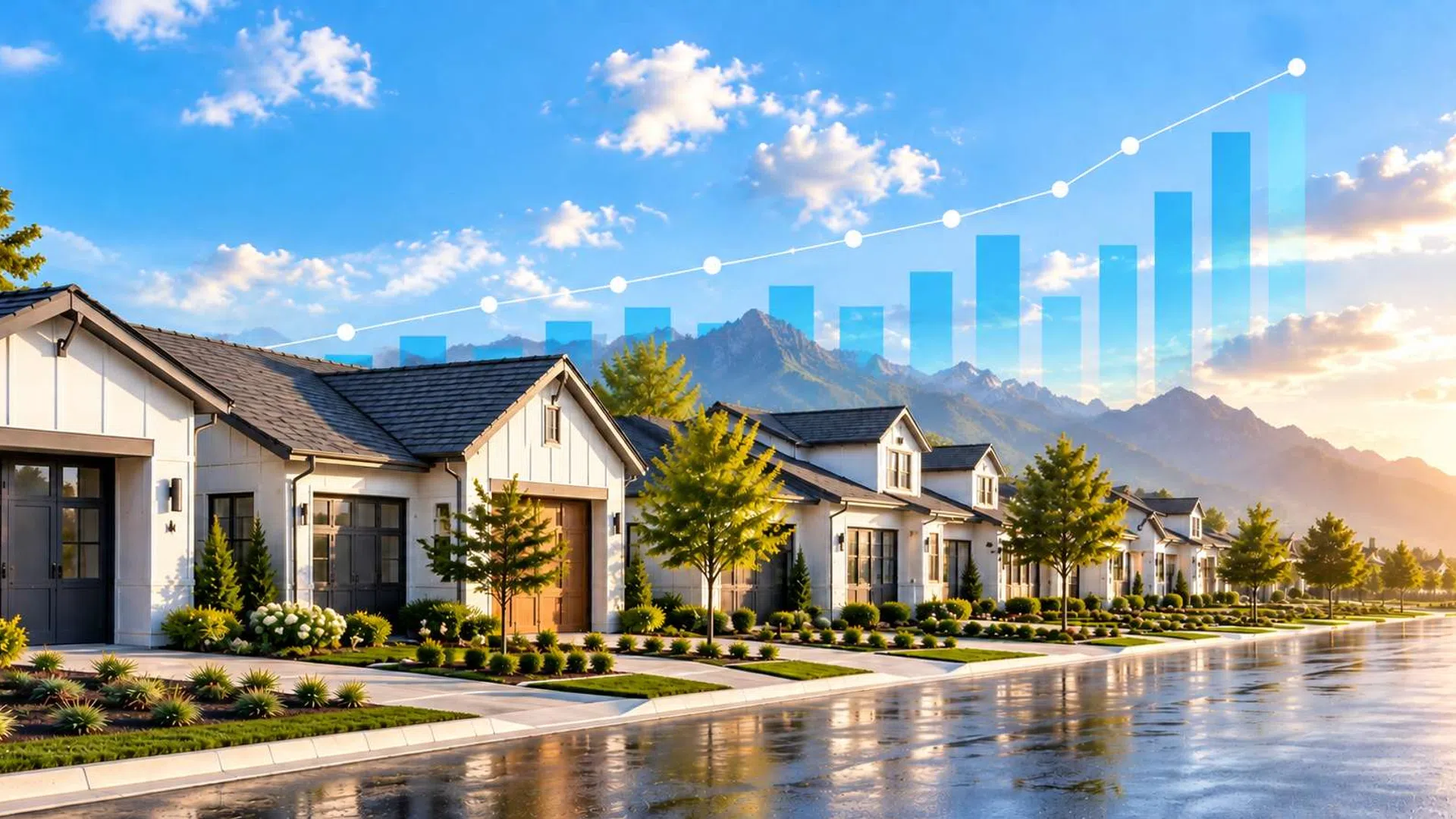 Row of modern suburban houses at sunset with rising real estate market graph overlay against mountains.