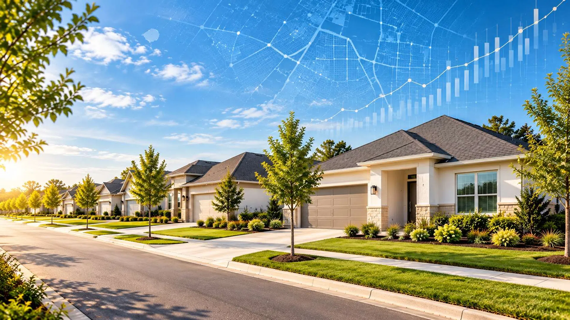 Modern suburban homes lining a sunny street with green lawns and young trees under a blue sky.