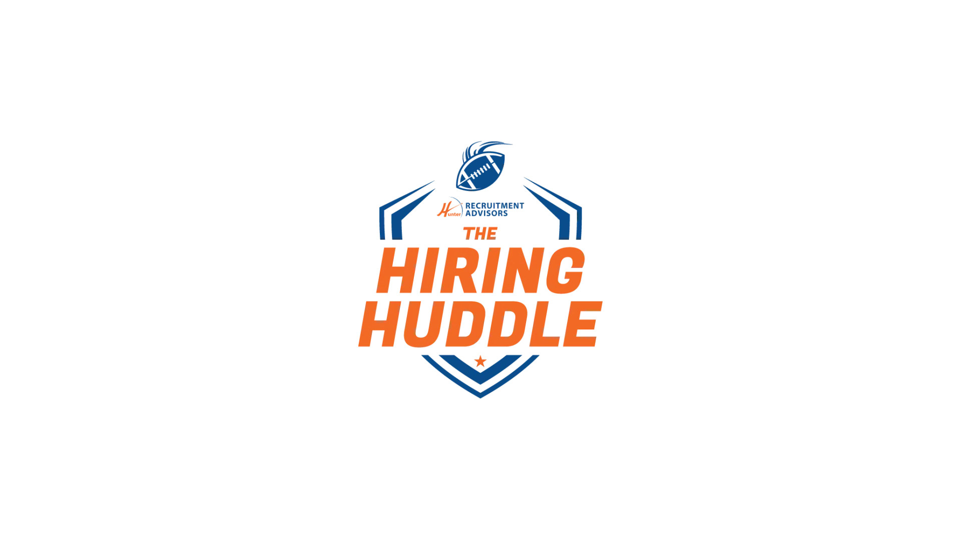 Logo for The Hiring Huddle featuring bold orange text and a blue shield with a bird on top.