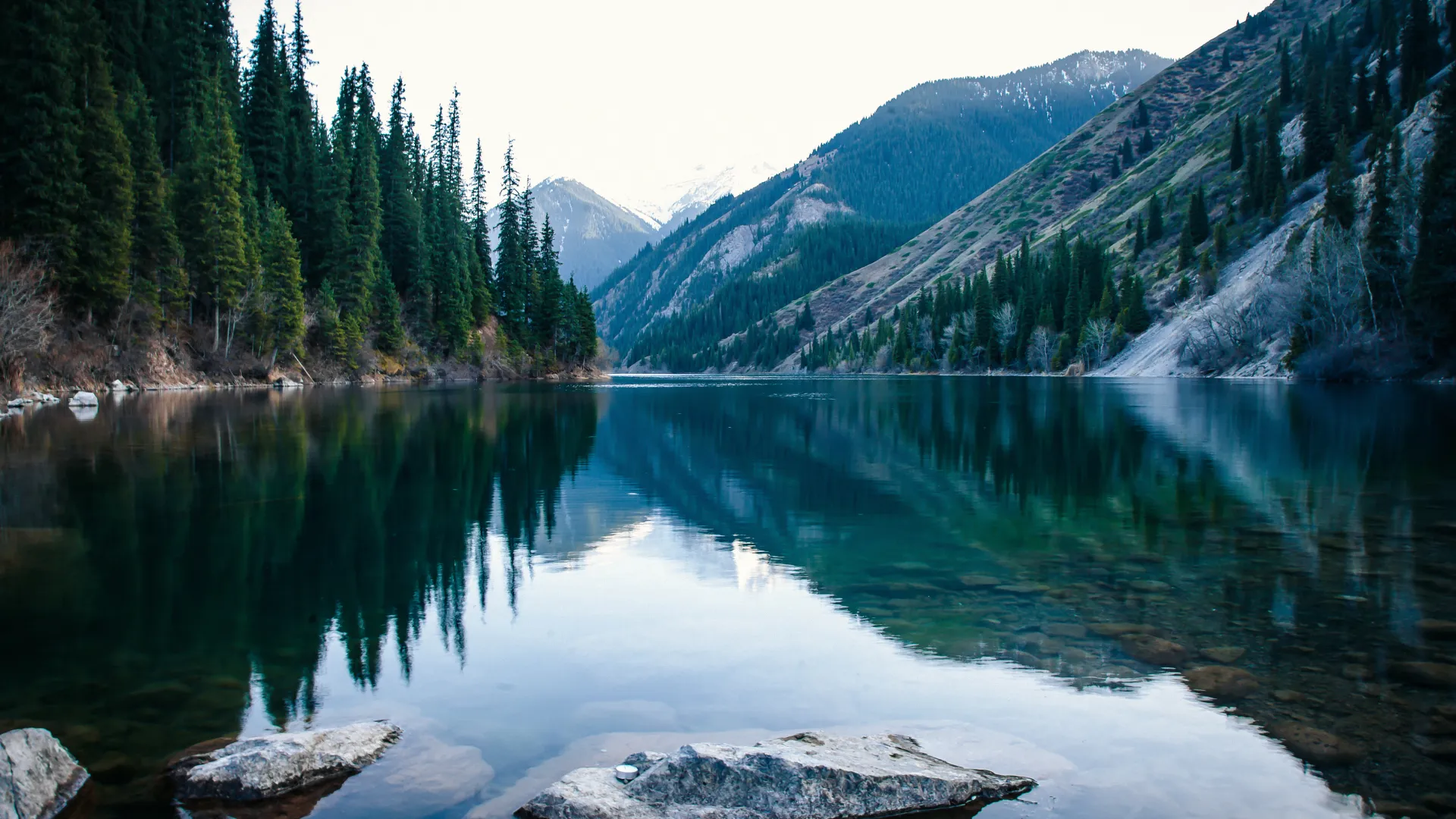 Calm mountain lake reflecting pine trees and snow-capped peaks under a clear sky in tranquil wilderness.