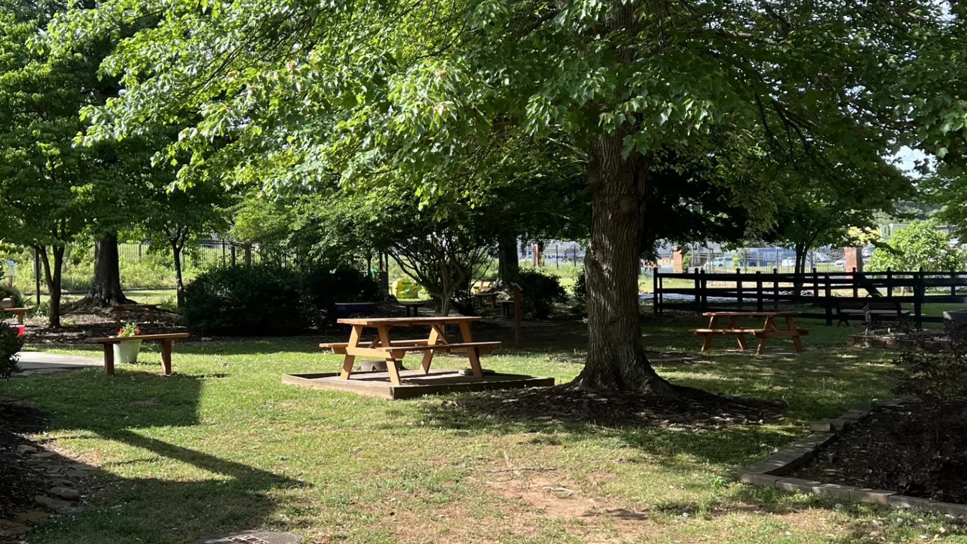 Sunny park area with green trees, picnic tables on grass, and shaded walking paths surrounded by nature.
