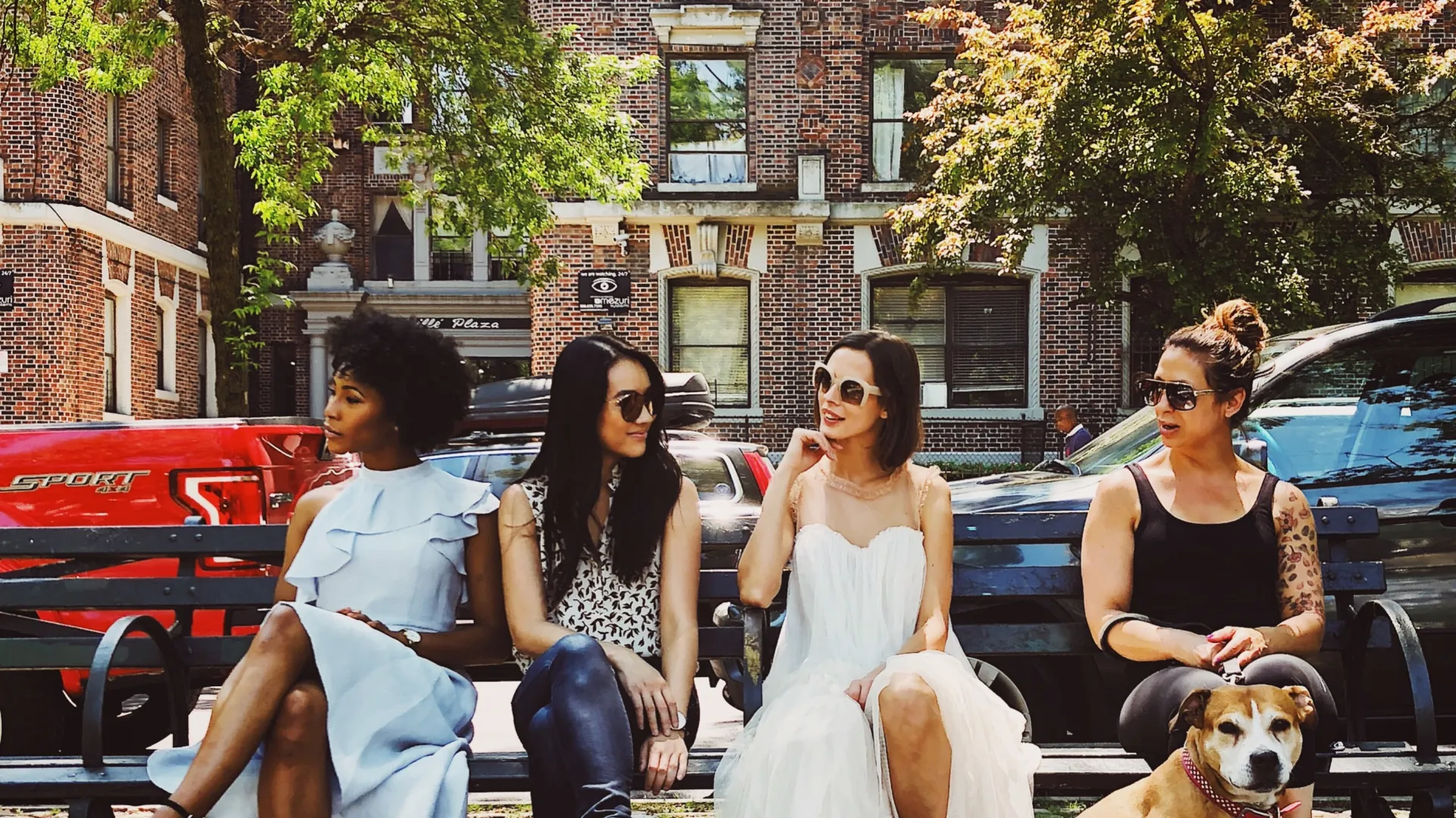 a group of women and a dog sitting on a bench