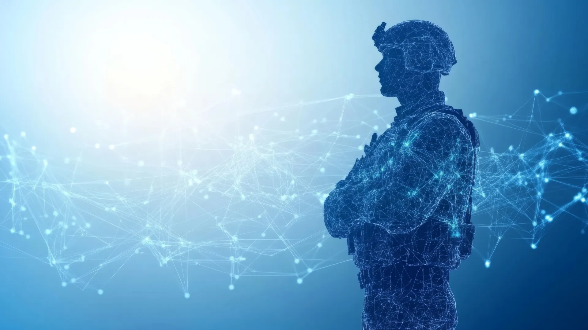 Digital silhouette of a soldier integrated with connecting data points and lines on a blue background.