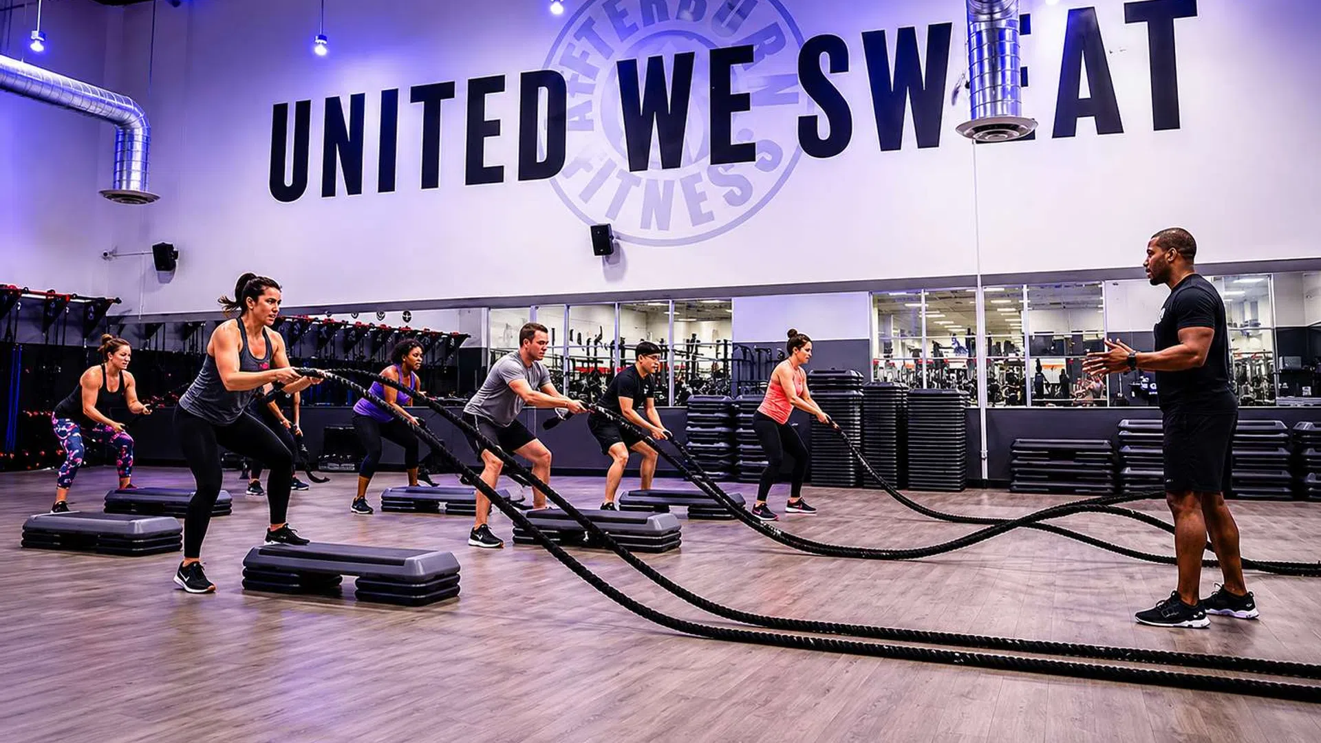 Group fitness class with instructor using battle ropes under United We Sweat sign in modern gym studio