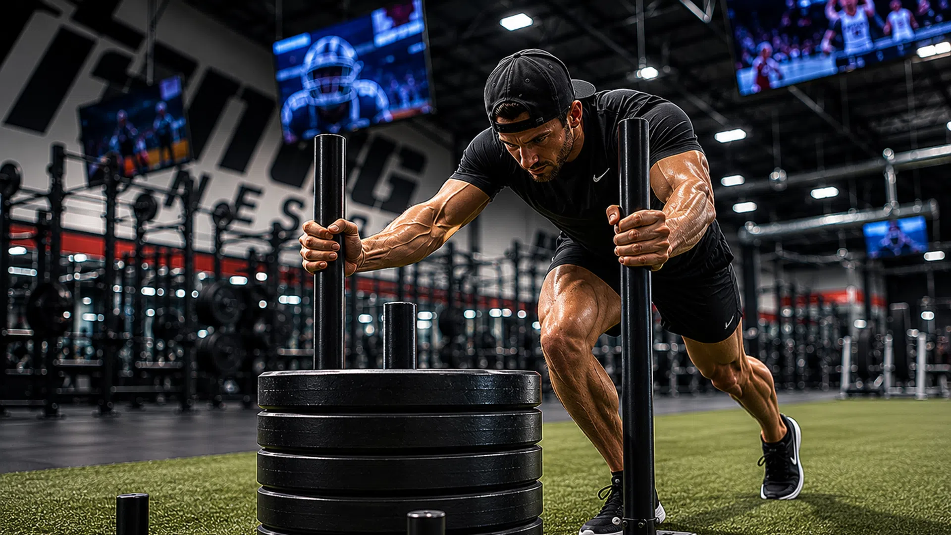 Muscular man pushing a weighted sled on turf in a modern gym with multiple TV screens in the background