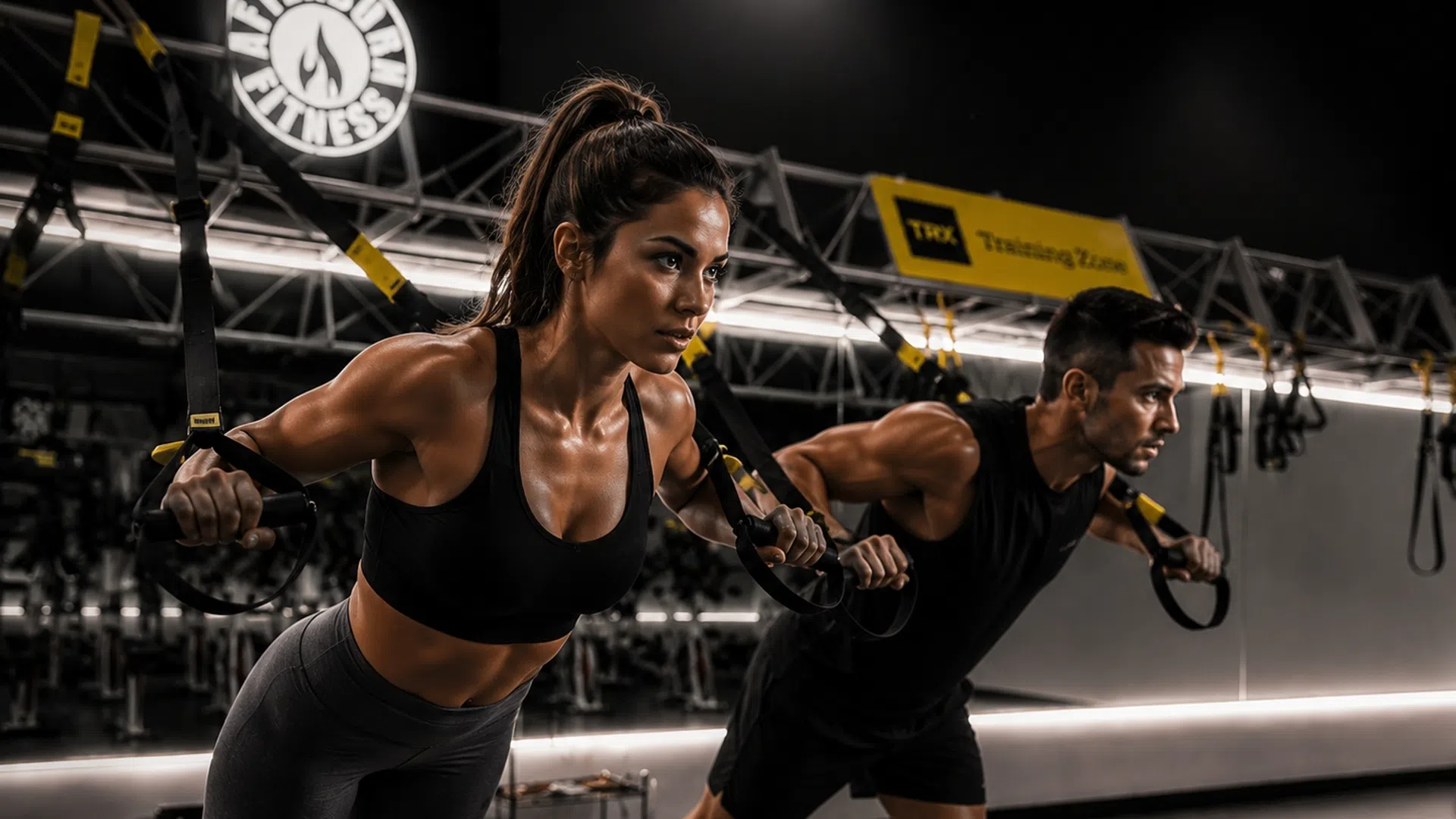 Man and woman performing TRX suspension training exercises in a modern gym environment.