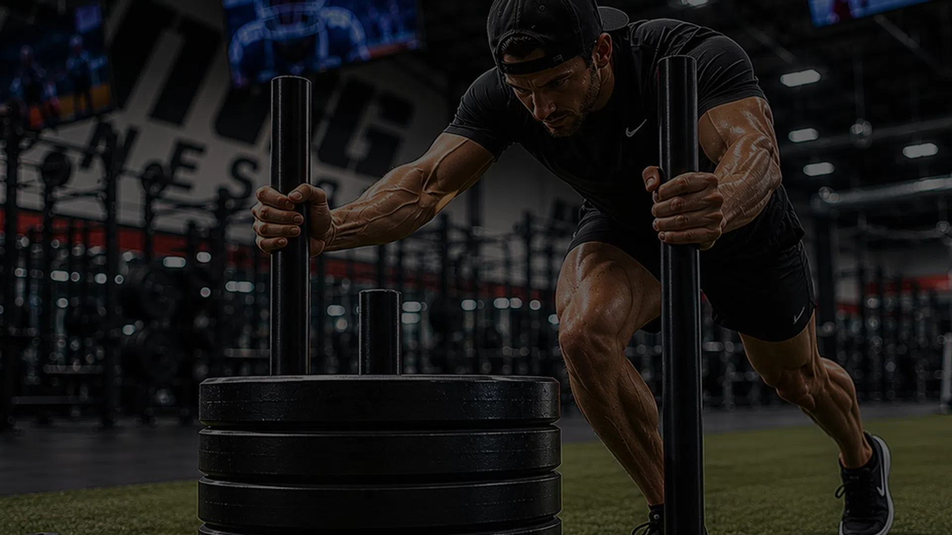 Muscular man pushing a heavy weighted sled in a gym with intense focus and determination.